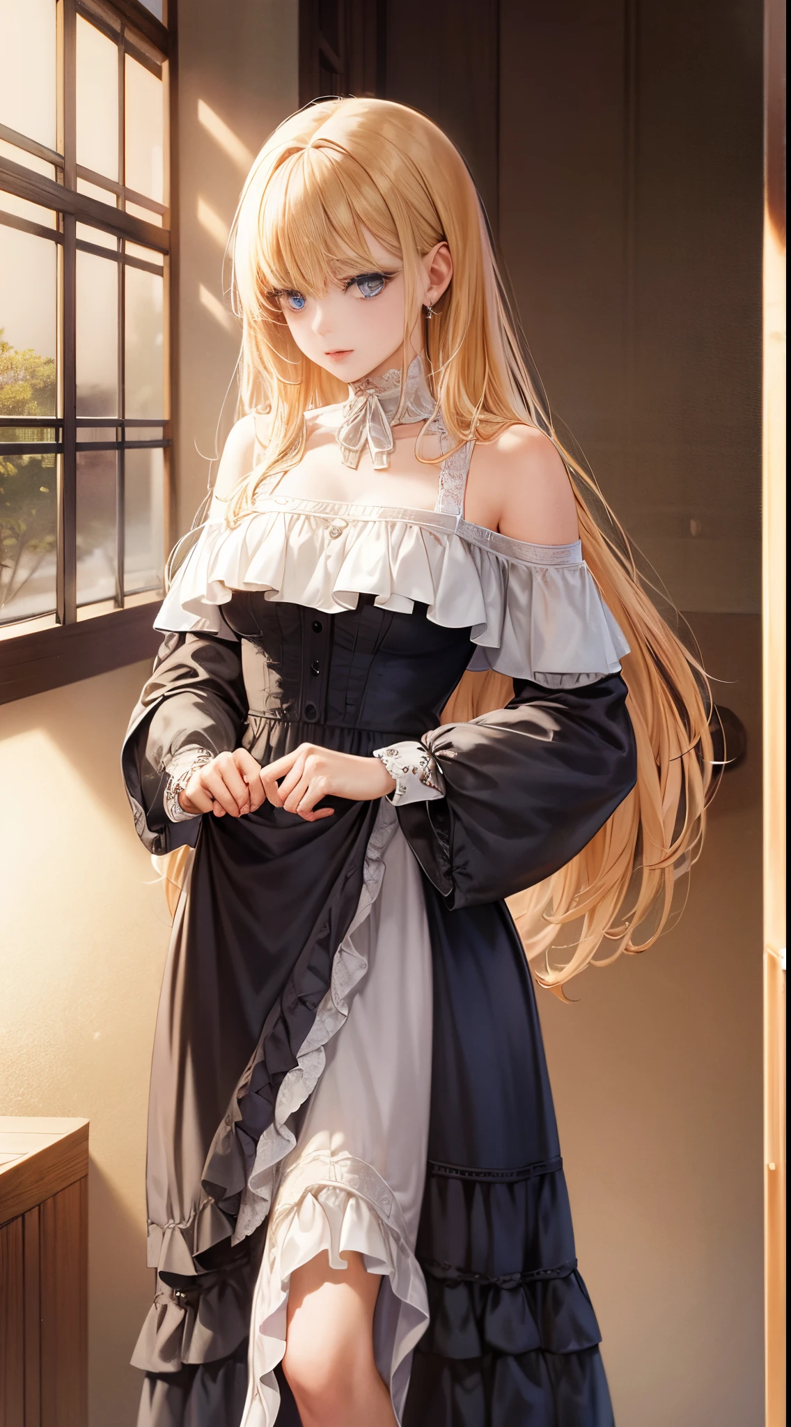 western fantasy,victoriana,A beautyful girl,The stands up,Plain clothing and clothing,No hats,shift dresses,Nightdress,skirt off shoulder