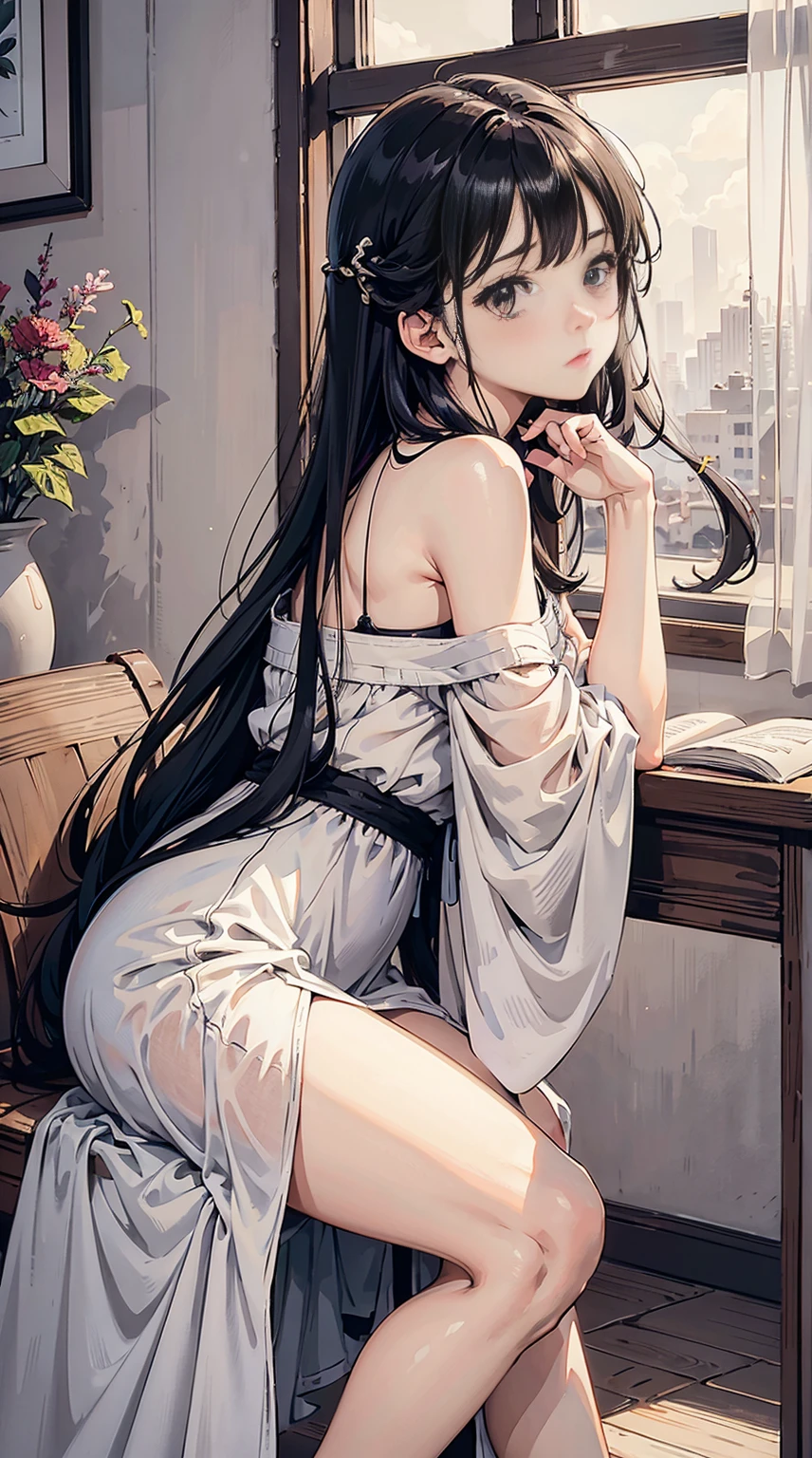 A girl sitting cross-legged on the floor. Her posture relaxed, with her back straight and shoulders squared. She wearing a colorful dress that complements her youthful energy. Her hair, a cascade of long, dark waves, frames her face as she leans over an open book, engrossed in its pages. The soft, ambient light from a nearby window gently illuminates her serene expression, highlighting the intensity of her concentration,