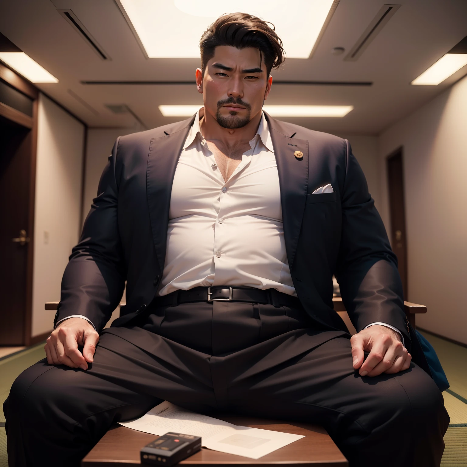 japanes。The figure is a big man sitting on a chair, Entrepreneurs and billionaires.。His appearance is tall, His hairstyle is handsome, And his age is40About age。Similar to Kim Tak。Charisma can be felt from the appearance, Eta、At first glance, We can say that he is rich.。high-level image quality 4K Photo output。