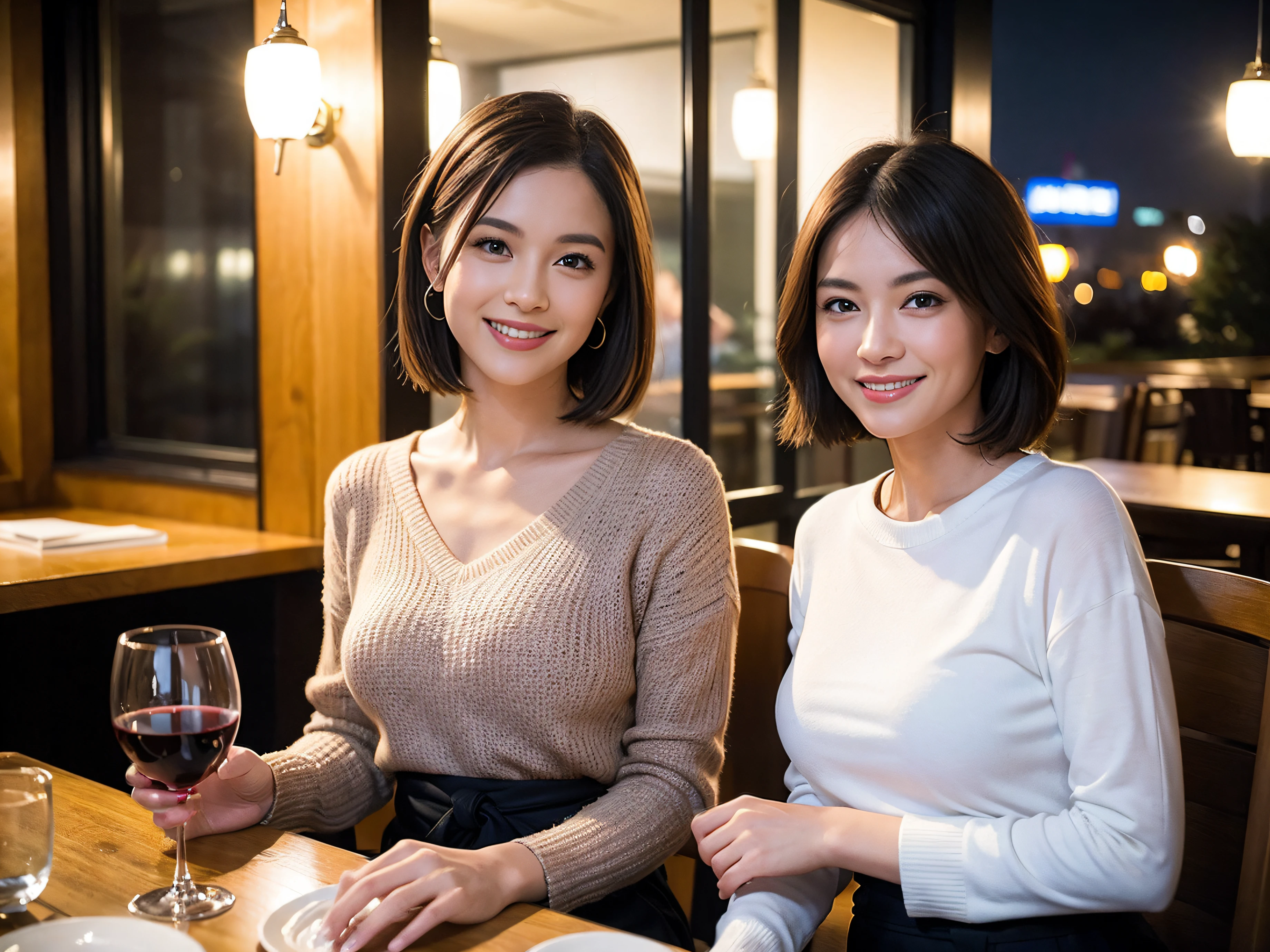 (64k uhd、nffsw、top-quality、​masterpiece:1.2)、(realisitic、Photorealsitic:1.37)、ultra-detailliert、ssmile、Happy、Party、lucky、wine glasses、enjoying a glass of wine、a matural female、Two beautiful women、(Slim Faces)、(Slim body)、（brawn hair）、(short-cut)、Latino、smiling french woman、happy italian girl、British woman、Americana、blush a little on the cheeks、(38 years)、42 year old、red wine、A beautiful and detailed night view spreads out outside the window.........、resturant、Wine glasses in a prominent place、natta、(from waist up)、sitting on、date、(A smile:1.15)、Beautiful detailed eyes、Cashmere sweater、long-sleeved dresses、japanes、(short-hair:1.2)、Float NovaFrogStyle、、modeled、from waist up、white wine、Slimed、wine glasses、Super beautiful night view、Put the wine glass in the middle、Happy smile、(8K、Raw photography、top-quality、​masterpiece:1.2)、(realisitic、Photorealsitic:1.37)、ultra-detailliert、超A high resolution、2 females、see the beholder、beautifull detailed face、A smile、Constriction、(Slim waist) :1.3)、knit shirt、Beautiful detailed skin、Skin Texture、floated hair、professional light needle breast、eyes gentle