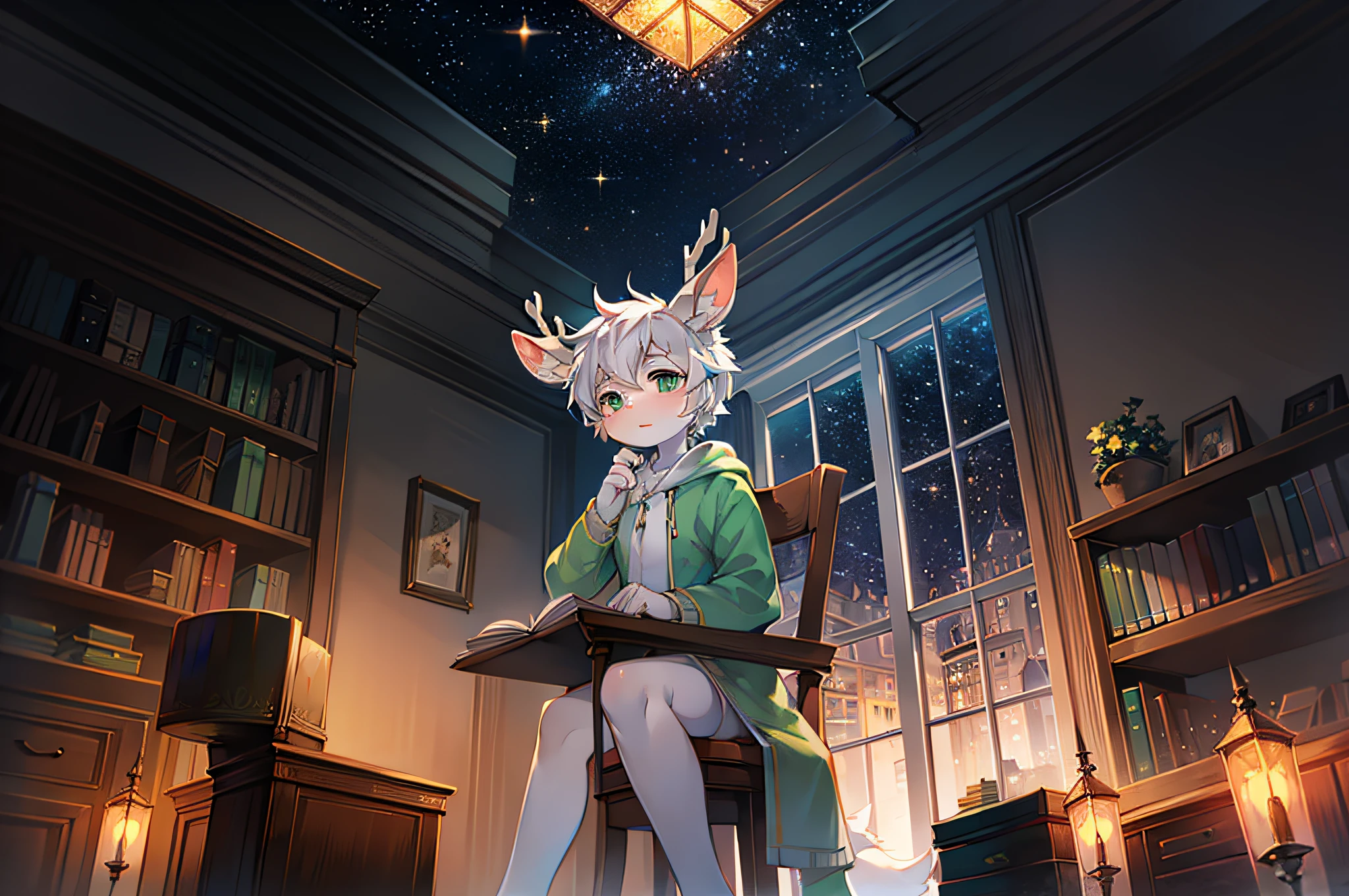 A white deer，Sit at the table，book case，sit on chair，natta，starrysky，As estrelas，Wearing light green pajamas,，lovely boy，shota，white color hair，look out the window，natta，Light green cotton coat，the only person，The environment  dim，raised head，deer antlers，natta，Brilliant Milky Way，starrysky，Two chairs