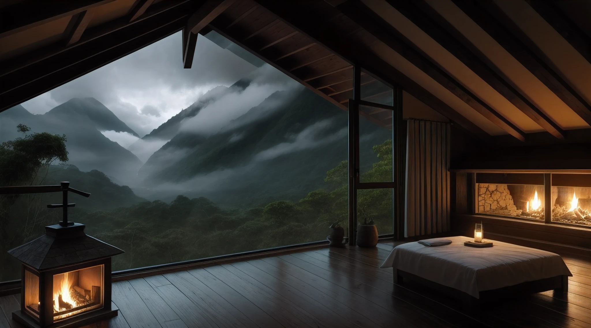 Heavy rain on the attic window in a cozy room in the rainforest at night, fireplace, stones, trees, flowers, mountains, black cloudy sky