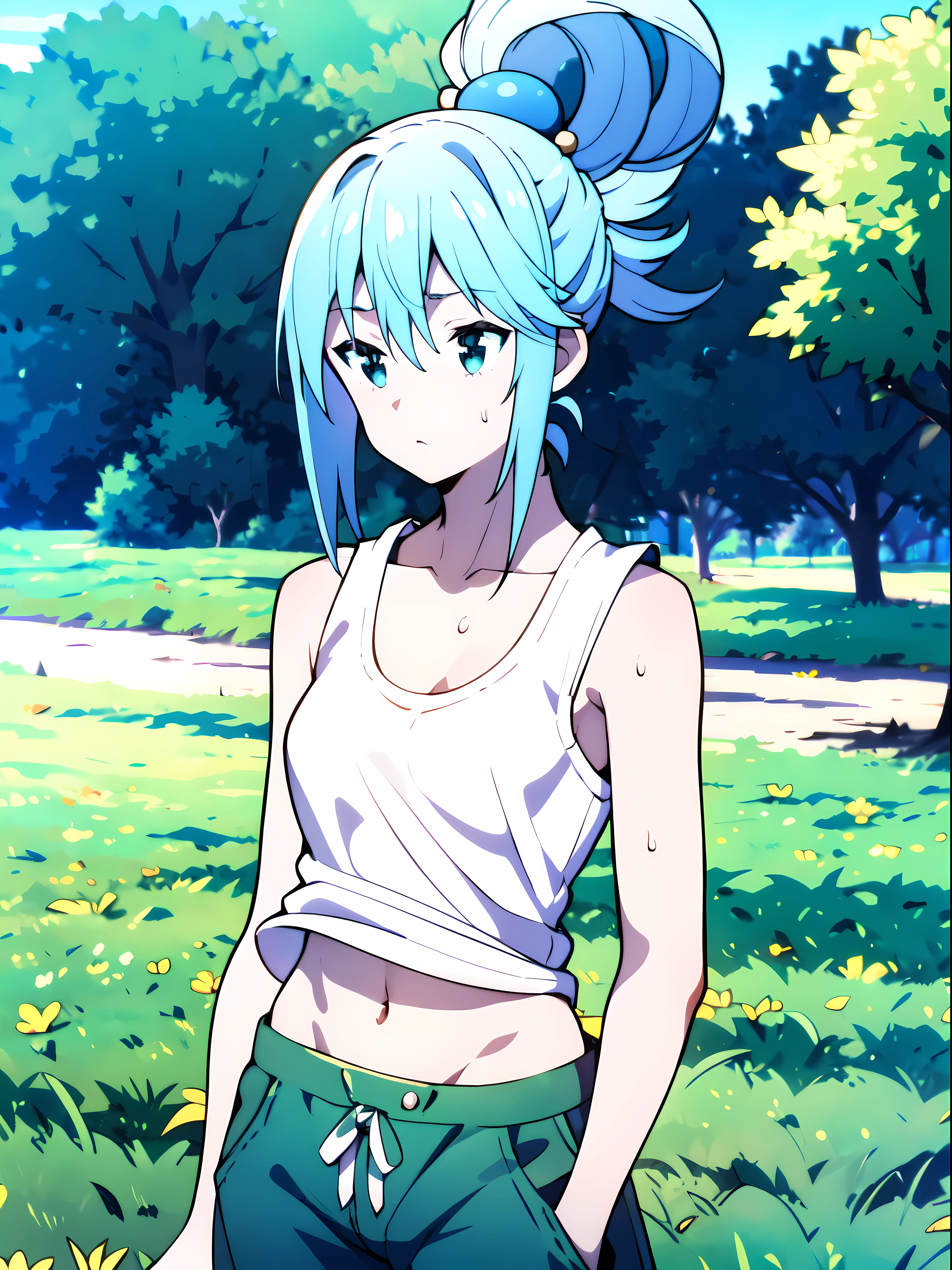 detailed, (masterpiece:1.2), (pale skin:1.2), (blurred_background), (dynamic_pose), (solo:1.2), (female), (emphasis lines:1.3), blue hair, long hair, (green_baggy_pants:1.3), (ponytail), outdoors, (farm), bare_shoulders, collarbone, sweat, (white_tanktop:1.5), barn, blue_eyes, (pelvic_lines)