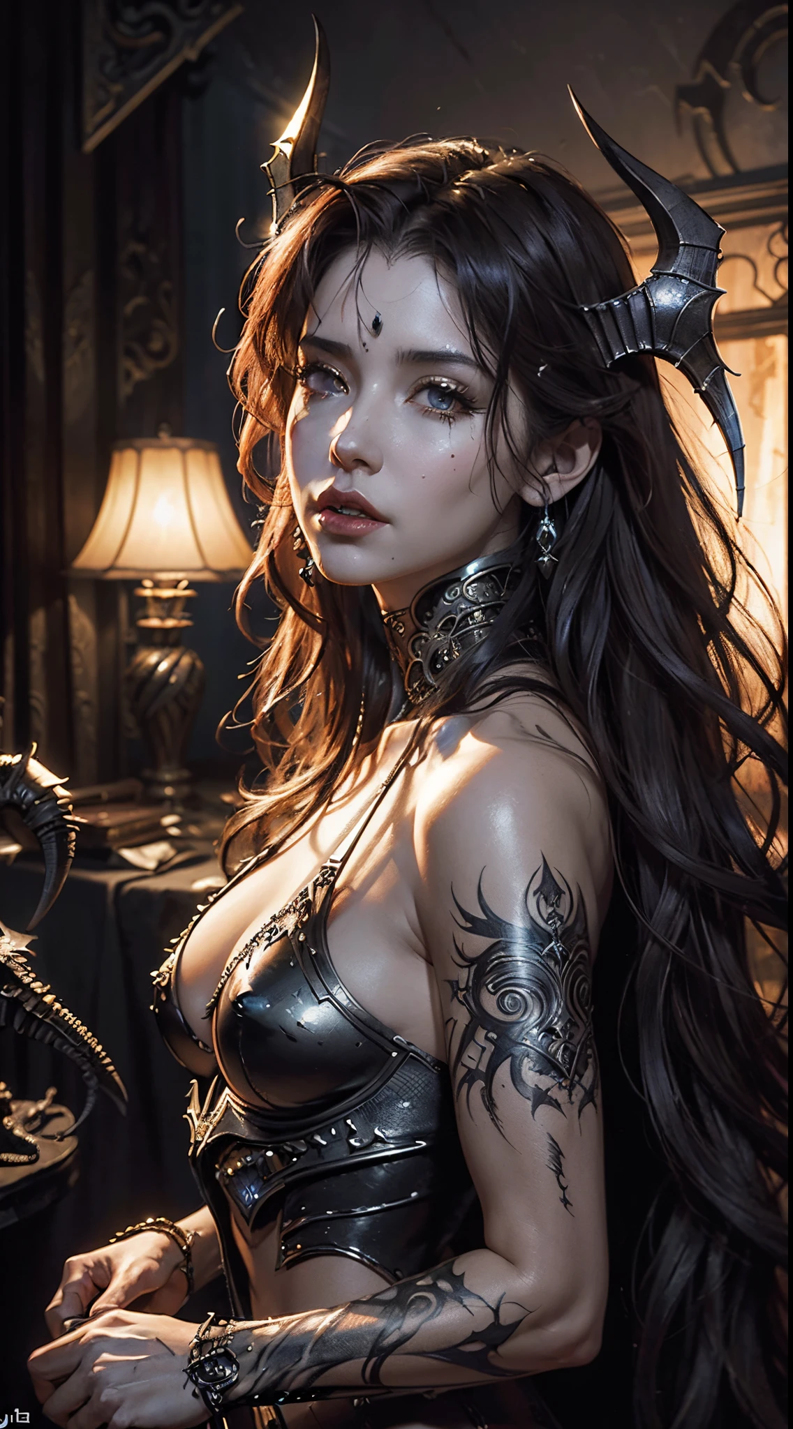 a stunningly intricate close up portrait (((luis royo and julie bell inspired fantasy mythological titan of the underworld death shadow being))) representing a (((sinister maniacal insanity))) that defies human form, with advanced photorealistic techniques applied, hyper-detailed features that are both unsettling and alluring, dressed in advanced metallic armor that complements its otherworldly appeal, with advanced lighting and hdr support, advanced shading techniques employed for a truly lifelike depiction, advanced rendering techniques such as subpixel anti-aliasing and ray tracing supported, created in a style that transcends this world
