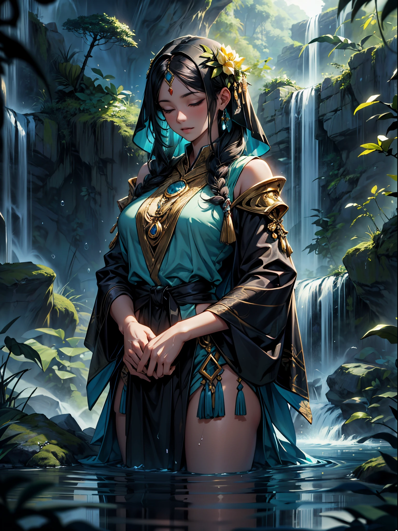 From the veils of the crystal clear waters of a waterfall rises Oxum, radiating its exuberant beauty. Her black skin, wrapped in a cloak of African ancestry, glows in the sunlight. Dressed in splendid costumes in the color of gold, she enchants with her splendor.
Her curly hair, black as night, cascades over her shoulders, festooned with golden props. A curtain of strands of golden beads covers his eyes, adding a touch of mystery to his divine presence.
In his delicate hand, Oxum holds a mirror of intense brilliance, reflecting the purity and perfection of his being. Around him, the waters of the waterfall fall gently, creating a translucent veil of glowing droplets.
In the serene atmosphere of the scene, nature displays its deep generosity. The lush green of the forest surrounds Oxum, while yellow flowers bloom in his honor, exuding a soft, enveloping scent.
In this solemn image, Oxum personifies feminine divinity, love, and fertility. His unique presence conveys a sense of tranquility and serenity, inviting contemplation and connection with the sacred. She the embodiment of strength and sweetness, the goddess of fresh water who brings with her renewal, love and prosperity.