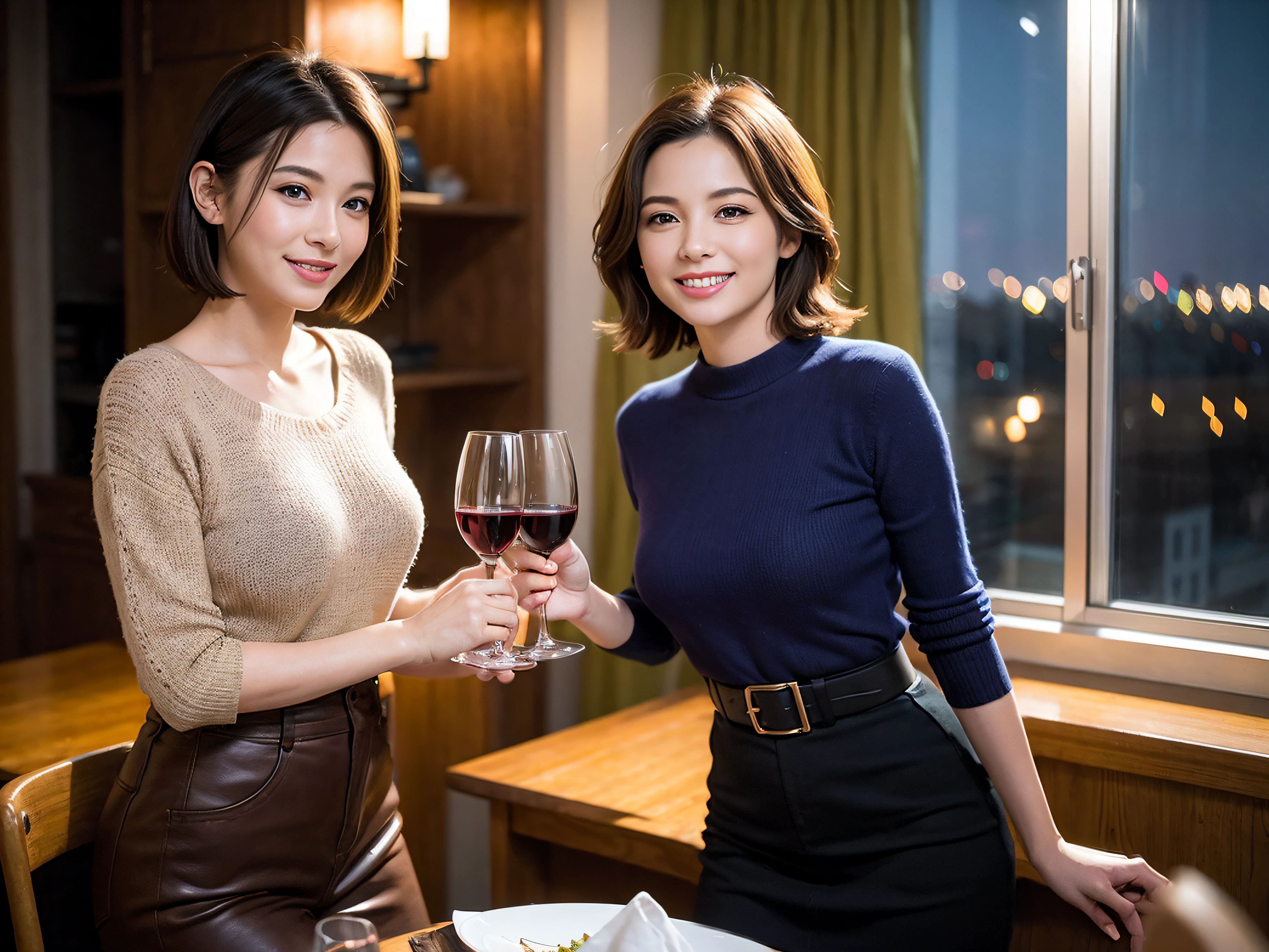 (64k uhd、nffsw、top-quality、masterpiece:1.2)、(realisitic、Photorealsitic:1.37)、ultra-detailliert、wine glasses、enjoying a glass of wine、a matural female、Two beautiful women、(Slim Faces)、(Slim body)、(brawn hair)、(short-cut)、Latino、smiling french woman、happy italian girl、British woman、Americana、blush a little on the cheeks、(38 years)、42 year old、red wine、A beautiful and detailed night view spreads out outside the window.......、resturant、Wine glasses in a prominent place、natta、(from waist up)、sitting on、date、(A smile:1.15)、Beautiful detailed eyes、Cashmere sweater、long-sleeved dresses、japanes、(short-hair:1.2)、Float NovaFrogStyle、、modeled、from waist up、white wine、Slimed、wine glasses、Super beautiful night view、Put the wine glass in the middle、Happy smile、(8K、Raw photography、top-quality、masterpiece:1.2)、(realisitic、Photorealsitic:1.37)、ultra-detailliert、超A high resolution、2 females、see the beholder、beautifull detailed face、A smile、Constriction、(Slim waist) :1.3)、knit shirt、Beautiful detailed skin、Skin Texture、floated hair、professional light needle breast、eyes gentle