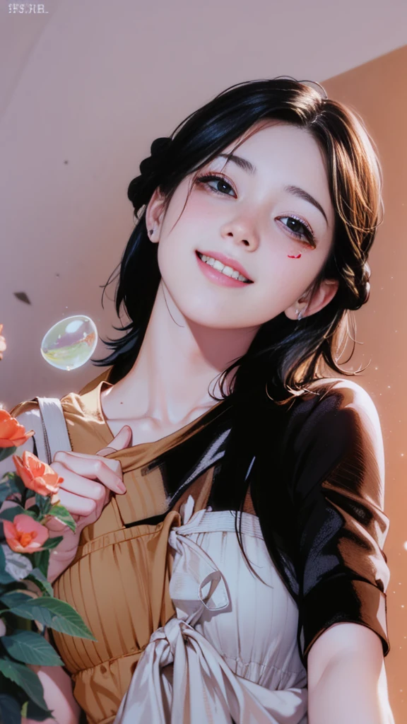 (tmasterpiece, Best quality at best,8K,CG),1 Sister,Short hair details lack hair color hair |Green hair), rainbow hair colorful hair,Gradient hair color,Smile
(clear plastic coating:1.2),Black t-shirt background with:1.2) ,Shiny, Light particles, Moles under the eyes, hairy balls, Large bubbles, 鎖骨, shairband, Light particles, flare,