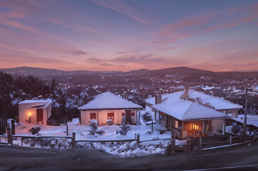 there  a house with a red roof and a fence, scenic view, scenic view, vista externa, landscape view, panorama, vista exterior, Vista da arquibancada, arredores da cidade, panorama vista distante, Completo - Ver, view from distance, palacete, o panorama, view from distance, Photo from professional camera, a foto mostra um grande, view from distance, manto de neve, neve nos telhados, muita neve