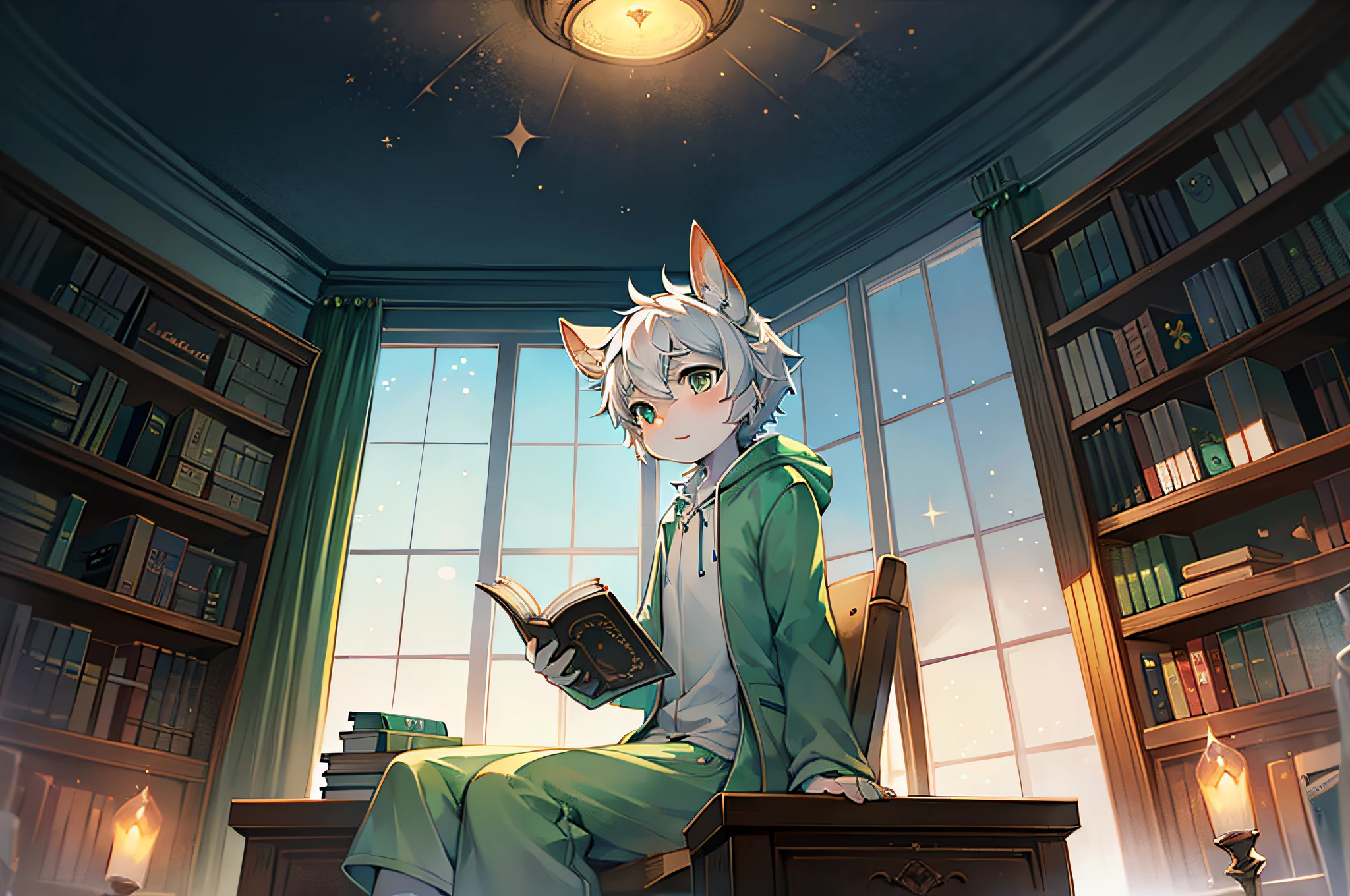 A white deer,Sit at the table,book case,sit on chair,natta,starrysky,As estrelas,Wearing light green pajamas,,lovely boy,shota,white color hair,look out the window,natta,Light green cotton coat,the only person,The environment dim,raised head,deer antlers,natta,Brilliant Milky Way,starrysky