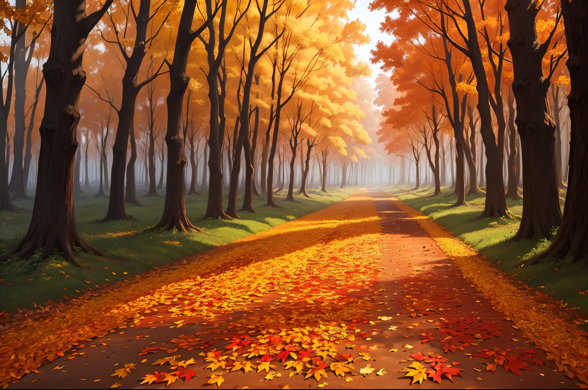 2D, A vibrant autumn forest with leaves turning golden, orange, and red, with fallen leaves scattered across the forest floor.