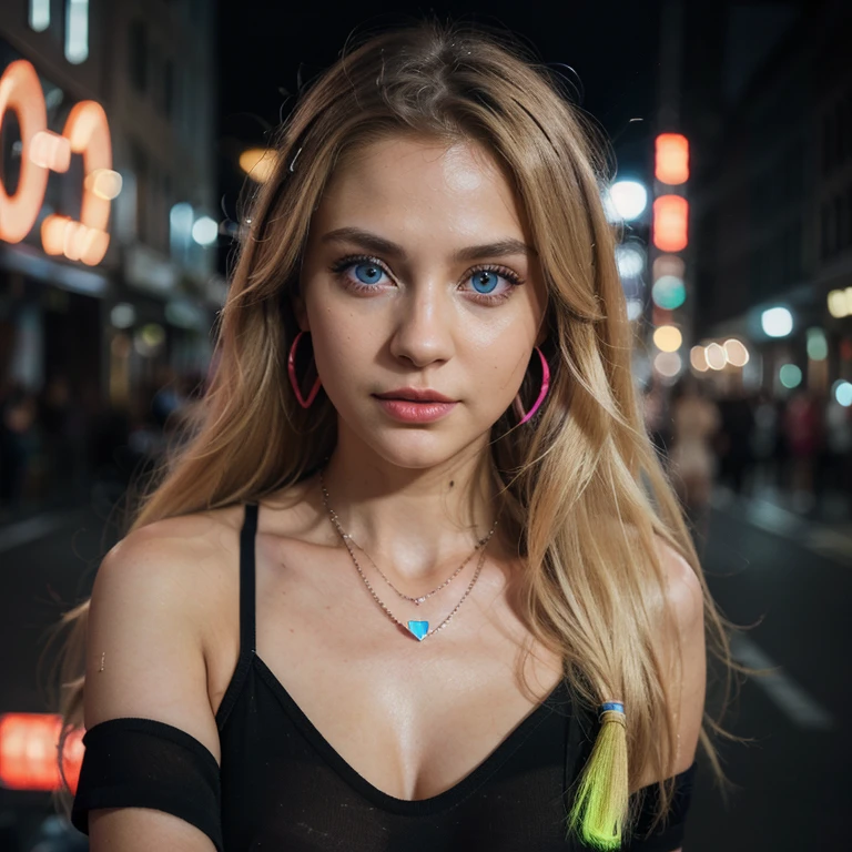 (realistic, photo-realistic:1.4),(8k, RAW photo, best quality, masterpiece:1.2), cute, ultra-detailed,heart-shaped pupils, physically-based rendering, ultra high res, kodakvision color, shot on Arricam LT Camera, bokeh, sharp focus, looking at viewer, photorealistic,realistic, solo, photorealistic, best quality,extremely detailed face,extremely detailed eyes and face, (blond girl,) clear eyes, beautiful detailed eyes,absurdres, incredibly absurdres,(haunting smile),Messy hair, floating hair, round clear big eyes, clear big eyes, moist red lips, sweet, girl, (Fashion night, Dark night, (neon lights sign), (Blurred background), Fashion Street Night),(No one in the background:1.3), Beautiful earrings, bangle, necklace, Pantyhose, Clear eyes,