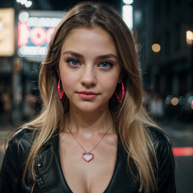 (realistic, photo-realistic:1.4),(8k, RAW photo, best quality, masterpiece:1.2), cute, ultra-detailed,heart-shaped pupils, physically-based rendering, ultra high res, kodakvision color, shot on Arricam LT Camera, bokeh, sharp focus, looking at viewer, photorealistic,realistic, solo, photorealistic, best quality,extremely detailed face,extremely detailed eyes and face, (blond girl,) clear eyes, beautiful detailed eyes,absurdres, incredibly absurdres,(haunting smile),Messy hair, floating hair, round clear big eyes, clear big eyes, moist red lips, sweet, girl, (Fashion night, Dark night, (neon lights sign), (Blurred background), Fashion Street Night),(No one in the background:1.3), Beautiful earrings, bangle, necklace, Pantyhose, Clear eyes,