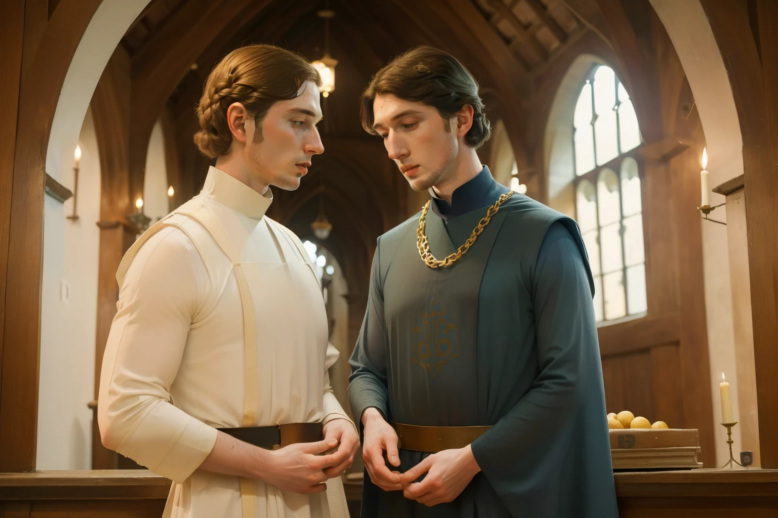 1136, Kingsbridge, England. otherworldly scene in a monastery, ((((27-year-old)) Richard Rankin)), with Adam Driver, monk, conspiring, secrecy, look of truimph, ((((poor plain tunic from the 12th century)))), ((Hairstyle of the 12th century)), ((Wes Anderson cinematic style)), colorful