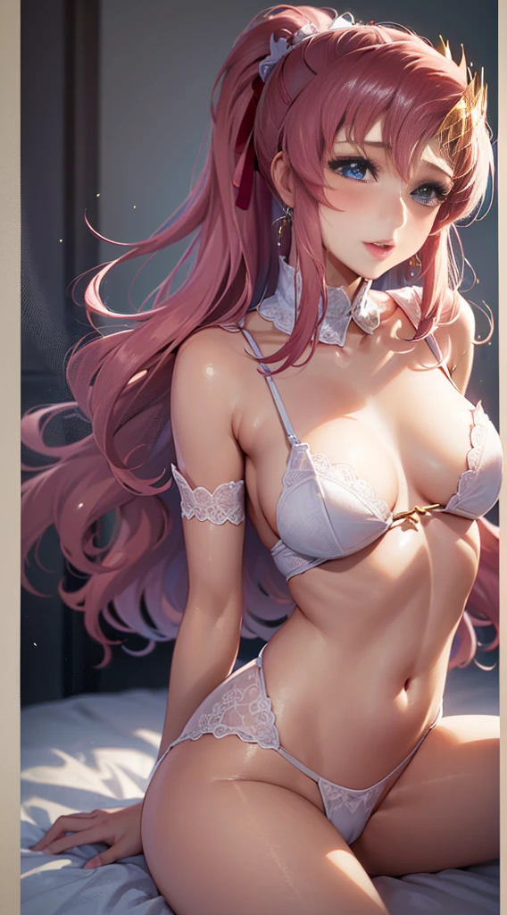 ultra detailed, High resolution, masterpiece, perfect lighting, Lacus Clyne, 1girl, A joyful expression, blush, beautiful body line, (((sexy and erotic white dress, not wearing underwear))), (((sexy pose))), focus on people, official art,