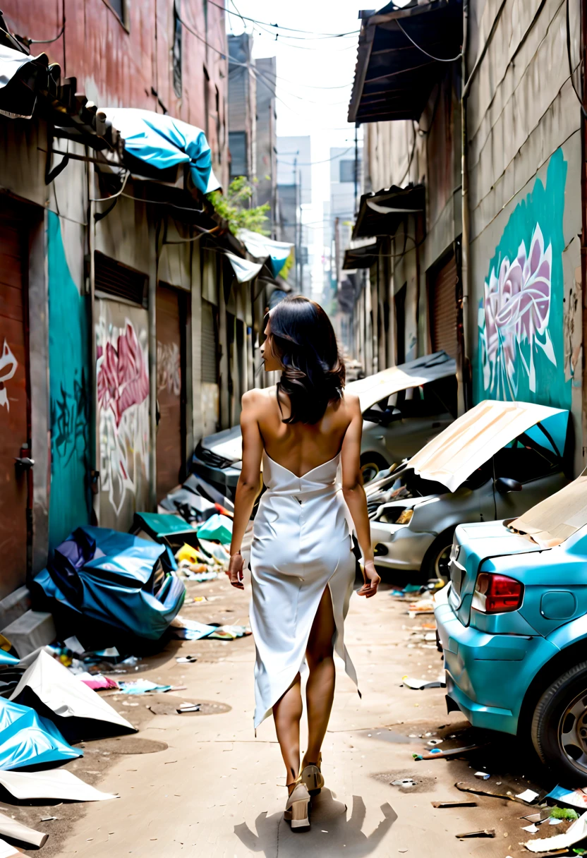 grafitti covered alley with destroyed cars and trash, beautiful asian woman walks away her backside revealed