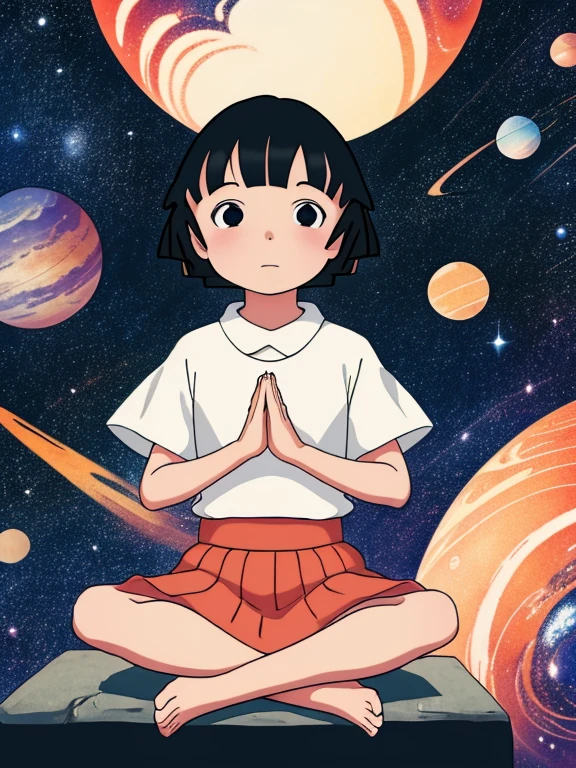 chibi maruko chan, meditation, hands together, galaxy, sitting on a planet, calm expression, front view, look directly at camera, iconic shōjo manga character