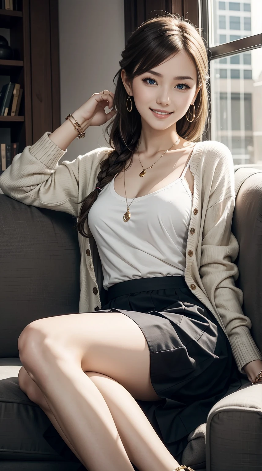 25-year-old Caucasian woman、dark blonde、blue eyess、Longhaire、setting hair、Her hair is loosely braided and falls over her shoulders.、a smile、accessories on the wrist、Slender but well-proportioned muscular body、a smile、Breasts are big、Wearing a dress、wearing a cardigan over a dress、I&#39;m wearing a loose-fitting skirt、I&#39;m lying down on the sofa next to the window in the living room and relaxing.、a smile、be tall