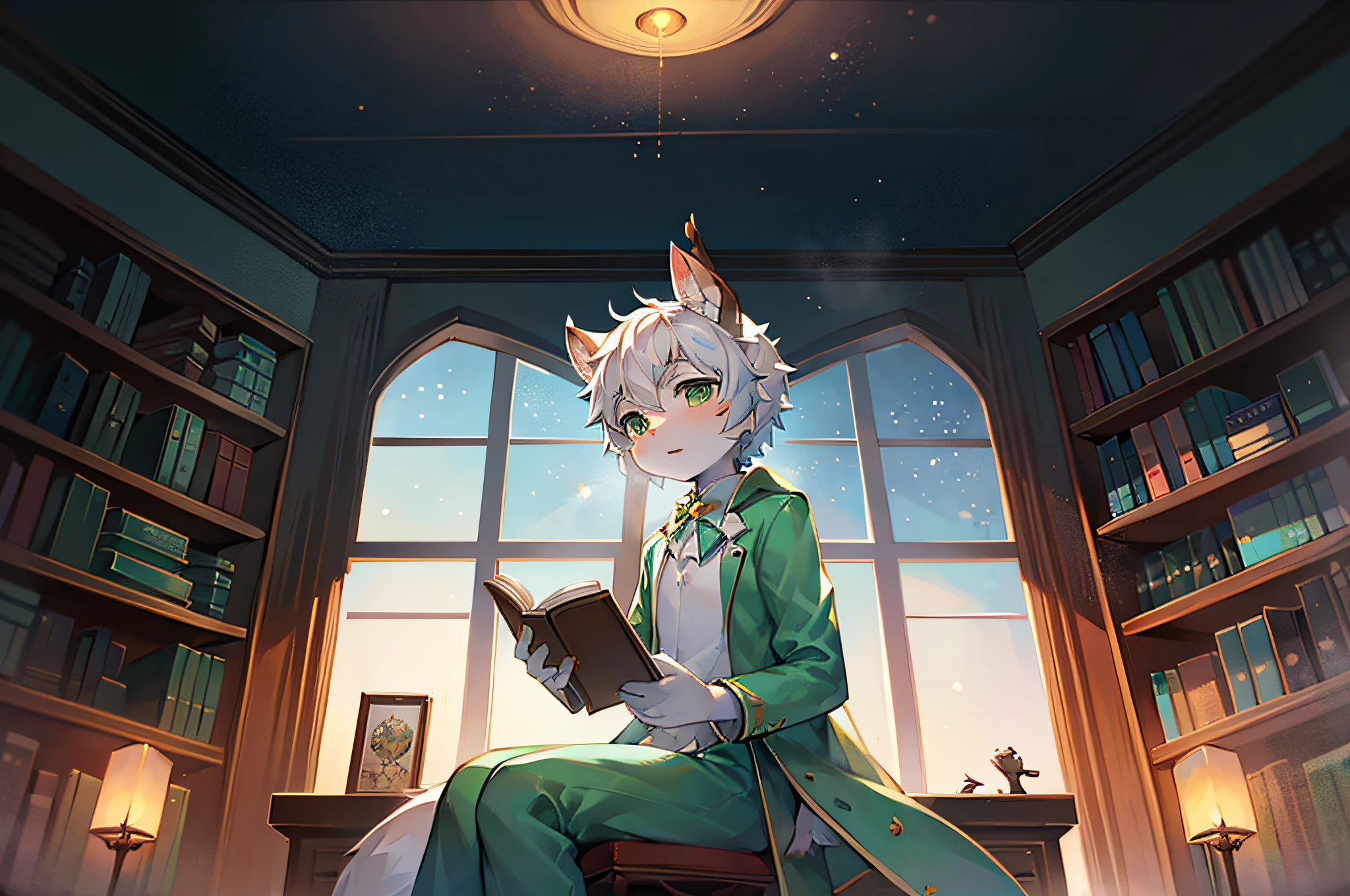 A white deer，Sit at the table，book case，sit on chair，natta，starrysky，As estrelas，Wearing light green pajamas,，lovely boy，shota，white color hair，look out the window，natta，Light green cotton coat，the only person，The environment  dim，raised head，deer antlers，natta，Brilliant Milky Way，starrysky，Two chairs