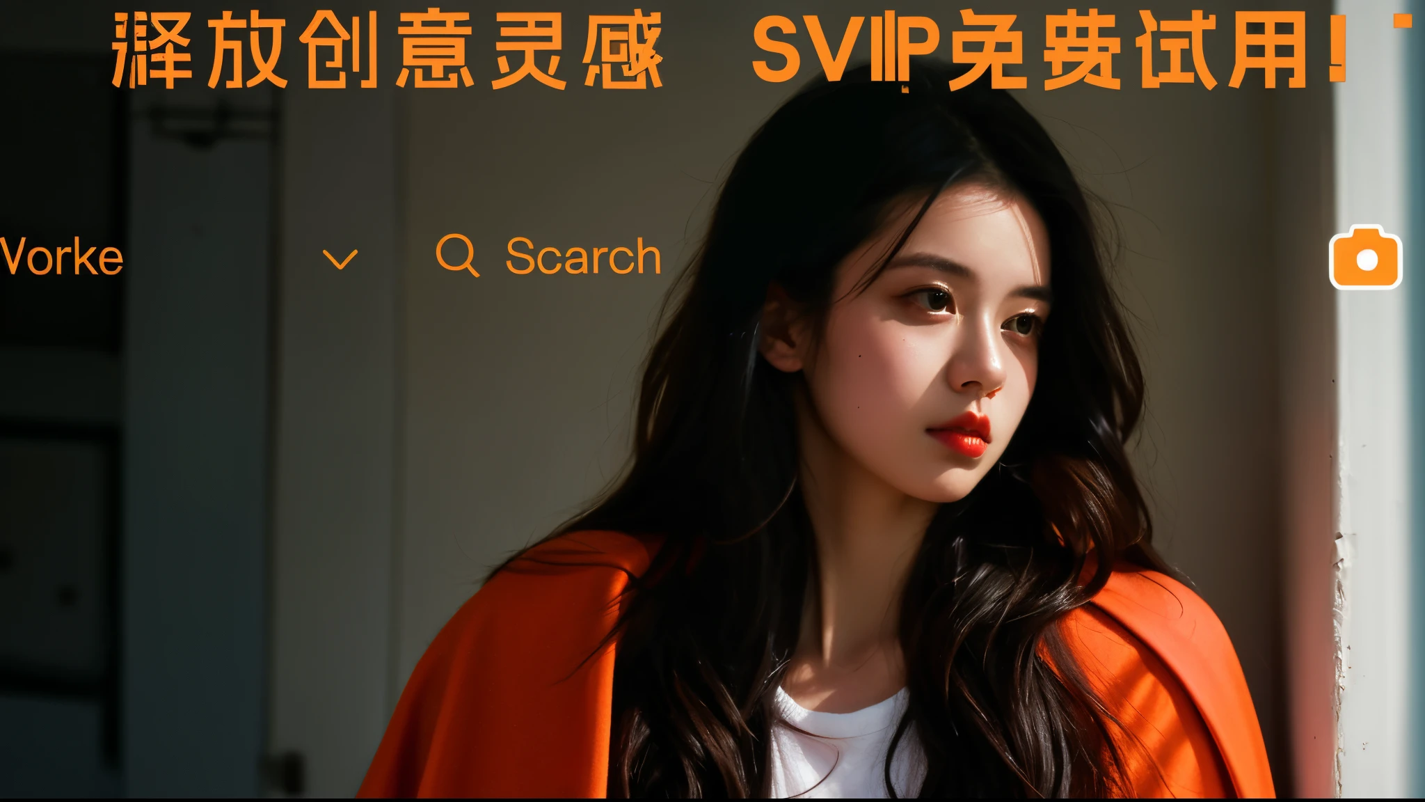 long black-haired white -yeld giwear military suit, orange cape, big hazel eyes, sci-fi, dark mood, charturnerv2