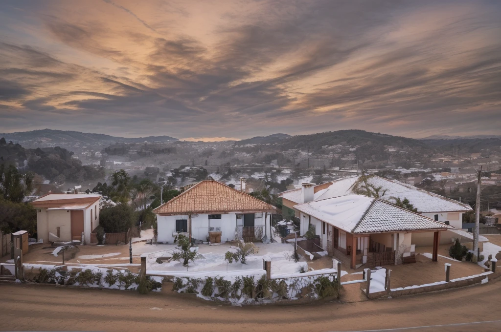 there a house with a red roof and a fence, scenic view, scenic view, vista externa, landscape view, panorama, vista exterior, Vista da arquibancada, arredores da cidade, panorama vista distante, Completo - Ver, view from distance, palacete, o panorama, view from distance, Photo from professional camera, a foto mostra um grande, view from distance, manto de neve, neve nos telhados, muita neve