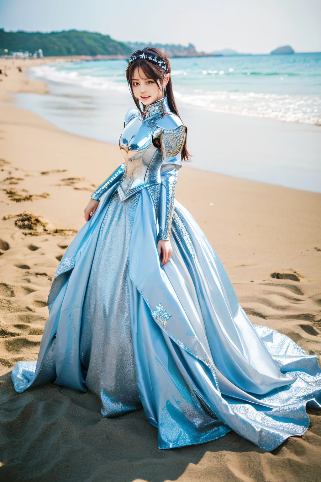 beautiful girl, silver decorated armor, seashore, sand, full length