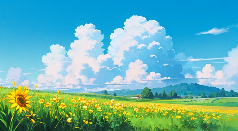 (((best quality))),blue_sky, cloud, cloudy_sky, condensation_trail, dandelion, day, field, flower, flower_field, holding_flower, horizon, kazami_yuuka, mountain, mountainous_horizon, outdoors, sky, straw_hat, summer