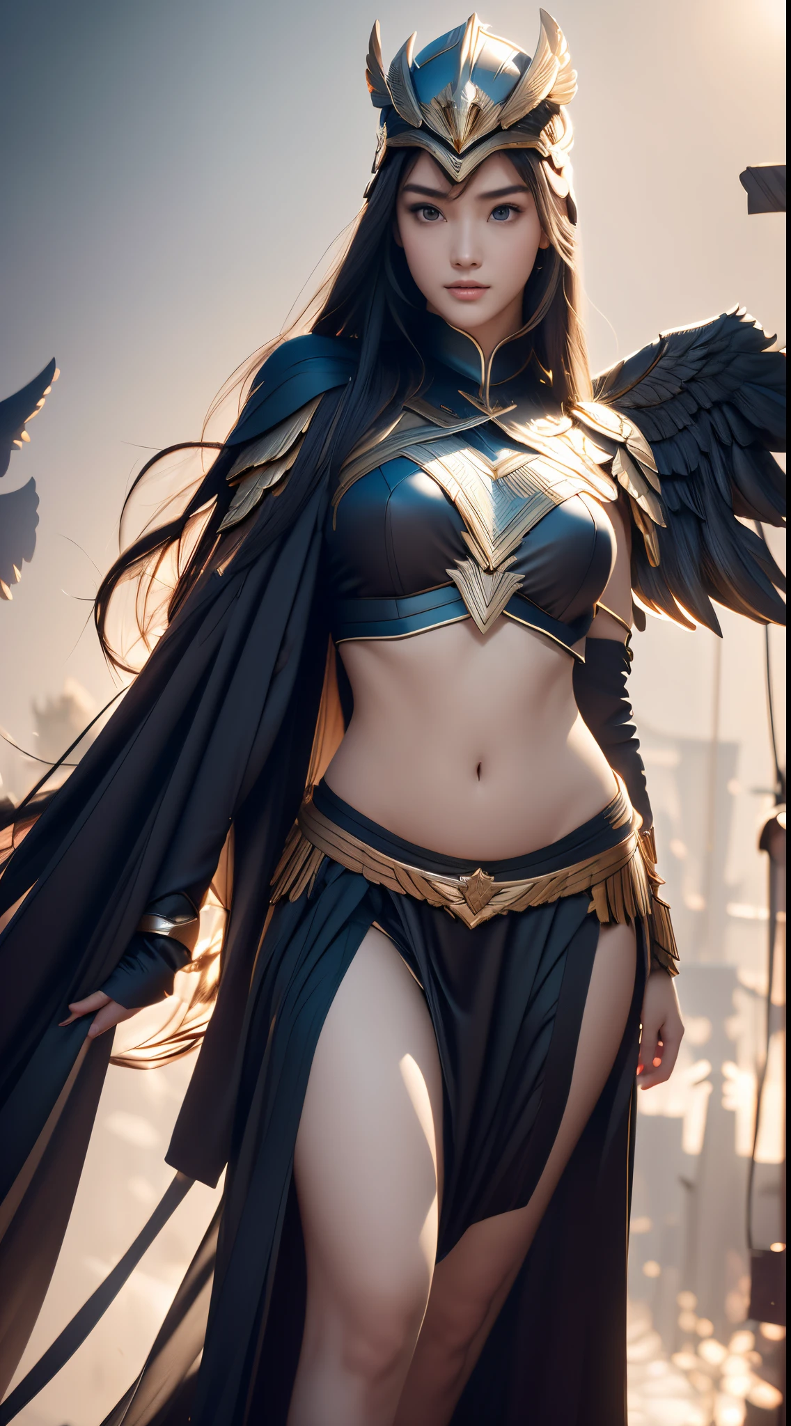 (1vvydunne:.95), High angle photo of a gorgeous young Valkyrie woman in the style of Stefan Kostic, realistic skin textures,(Helmet with wings:1.1), (Valkyrie Armor:1.2), 1 / 2 Body cropping, 8 5mm art lens, f 1. 2, Focus sharp, 8K high-definition, extremely detaile, iintricate, Elegant, Stanley Liu (stanley lau) and artwork by artgerm