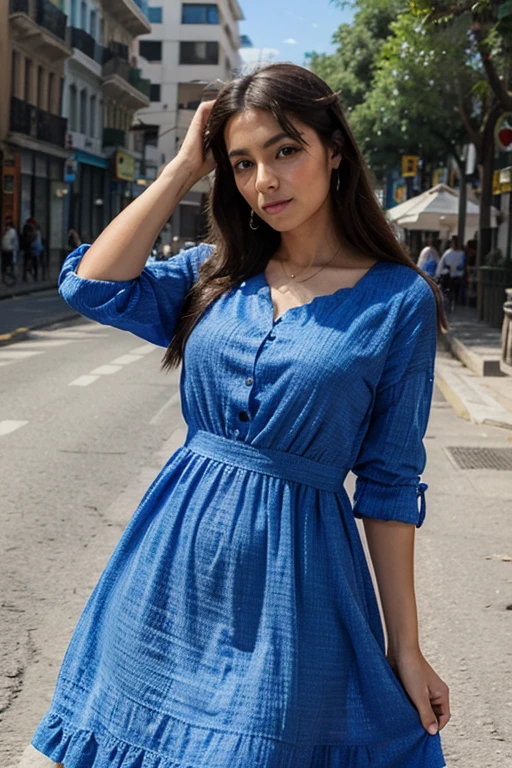 parada frente al la camara con vestido azul semi escotado