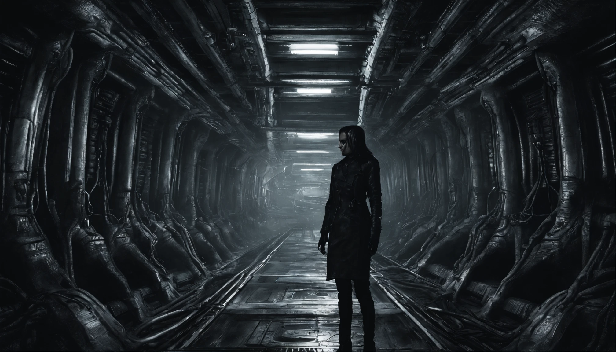 Front view, low angles,1 Cyberpunk Girl, A futuristic, mechanically aesthetic, Camel toes, Giger, Biomechanicals, Surreal, lovecraftian,Tentacle spaceship interior corridor, Claustrophobia, Dark, wide angles, worm eyes pov