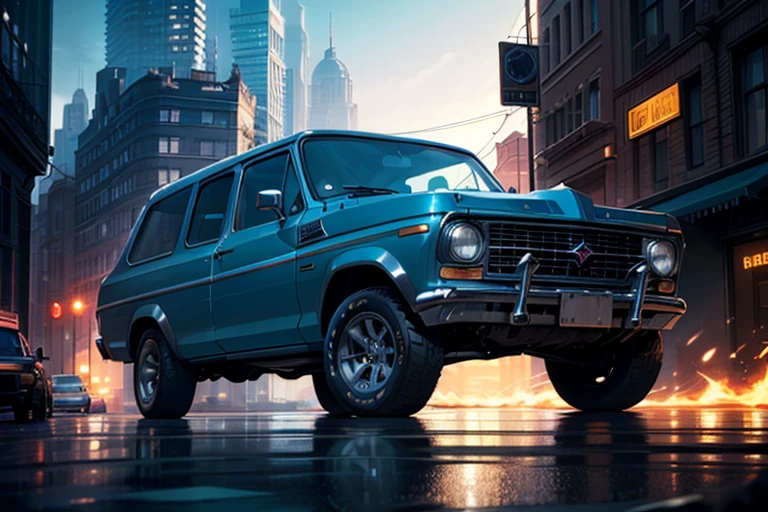 there a blue truck driving down the street in the city, photorealistic cinematic render, in the art style of filip hodas, highly detailed hyper real retro, beeple and tim hildebrandt, 3 d render beeple, greg rutkowski. octane render, 3 d octane render conceptart, beeple. octane render, digital painting. octane render