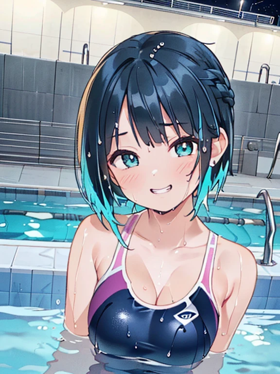 ((masterpiece、top-quality:1.5、a high chroma:1.5、ultra-detailliert、high-resolution illustrations:1.5、Ultra-high-definition CG、8k size wallpaper、offcial art))、((front view:1.8)),(1woman,),(cute face:1.5,cute eyes:1.5)、((face:1.5)),((close to viewer:1.8,face only:1.5)),
(grin:1.3)、(sexy body),((sit:1.8)),,(competition swimsuit:1.5),(wet head, face, and body:1.8),(multicolored hair:1.5), (large breasts:1.5),(curvy:1.3)、(Portrait:1.8)
,(Shining aqua eyes:1.2),((sit by the pool at night:1.5)),((waving at viewer.:1.5)),((point at viewer:1.5)),(upper body)、