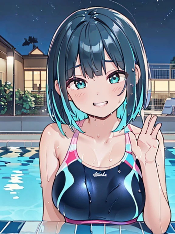 ((masterpiece、top-quality:1.5、a high chroma:1.5、ultra-detailliert、high-resolution illustrations:1.5、Ultra-high-definition CG、8k size wallpaper、offcial art))、((front view:1.8)),(1woman,),(cute face:1.5,cute eyes:1.5)、((face:1.5)),((close to viewer:1.8,face only:1.5)),
(grin:1.3)、(sexy body),((sit:1.8)),,(competition swimsuit:1.5),(wet head, face, and body:1.8),(multicolored hair:1.5), (large breasts:1.5),(curvy:1.3)、(Portrait:1.8)
,(Shining aqua eyes:1.2),((sit by the pool at night:1.5)),((waving at viewer.:1.5)),((point at viewer:1.5)),(upper body)、