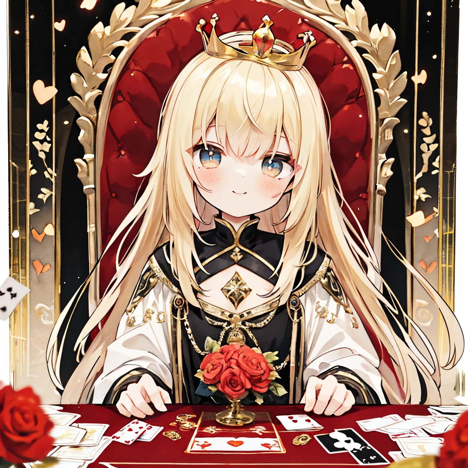 Transparent watercolor、girl with、Jewel Eyes,Beautiful arrangements and motifs、Originality、great depth of field、queen、Queen、sitting in a throne、great、queen&#39;s crown、doress、opulent、ren、Beautiful smile、dignity、queen of hearts、PlayingCards、reddish、blonde  hair、Red Heart、queen of hearts crown、detaileds、hight resolution