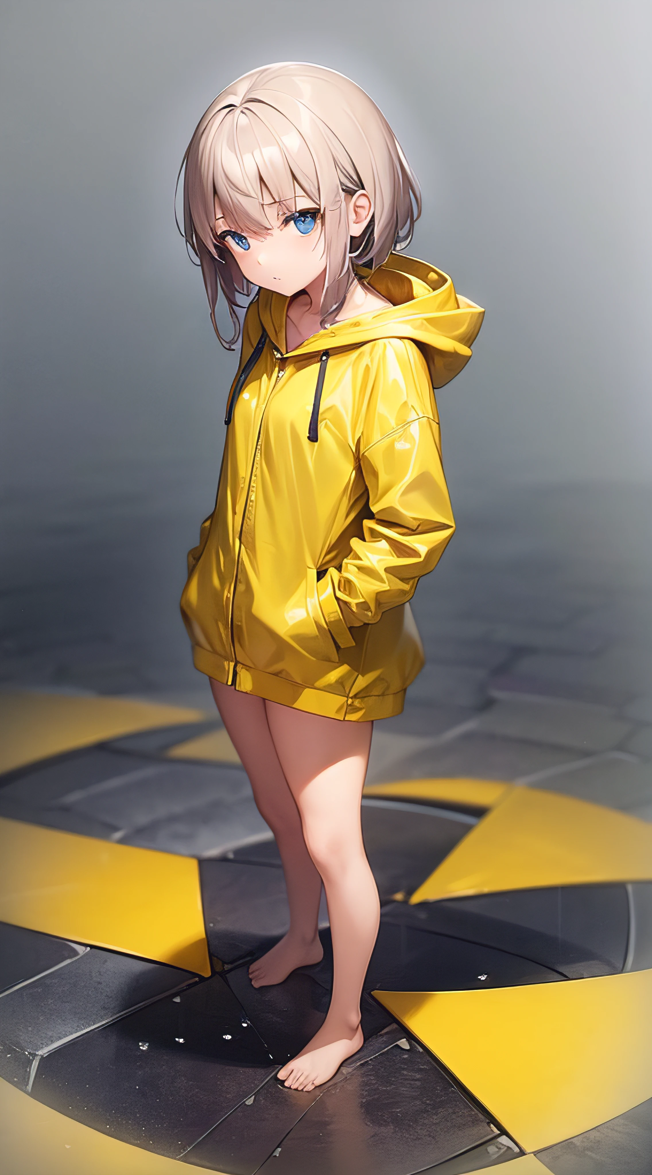 Girl wearing yellow hooded raincoat，full body pov，stand posture，naked leg，The barefoot，Standing in heavy rain