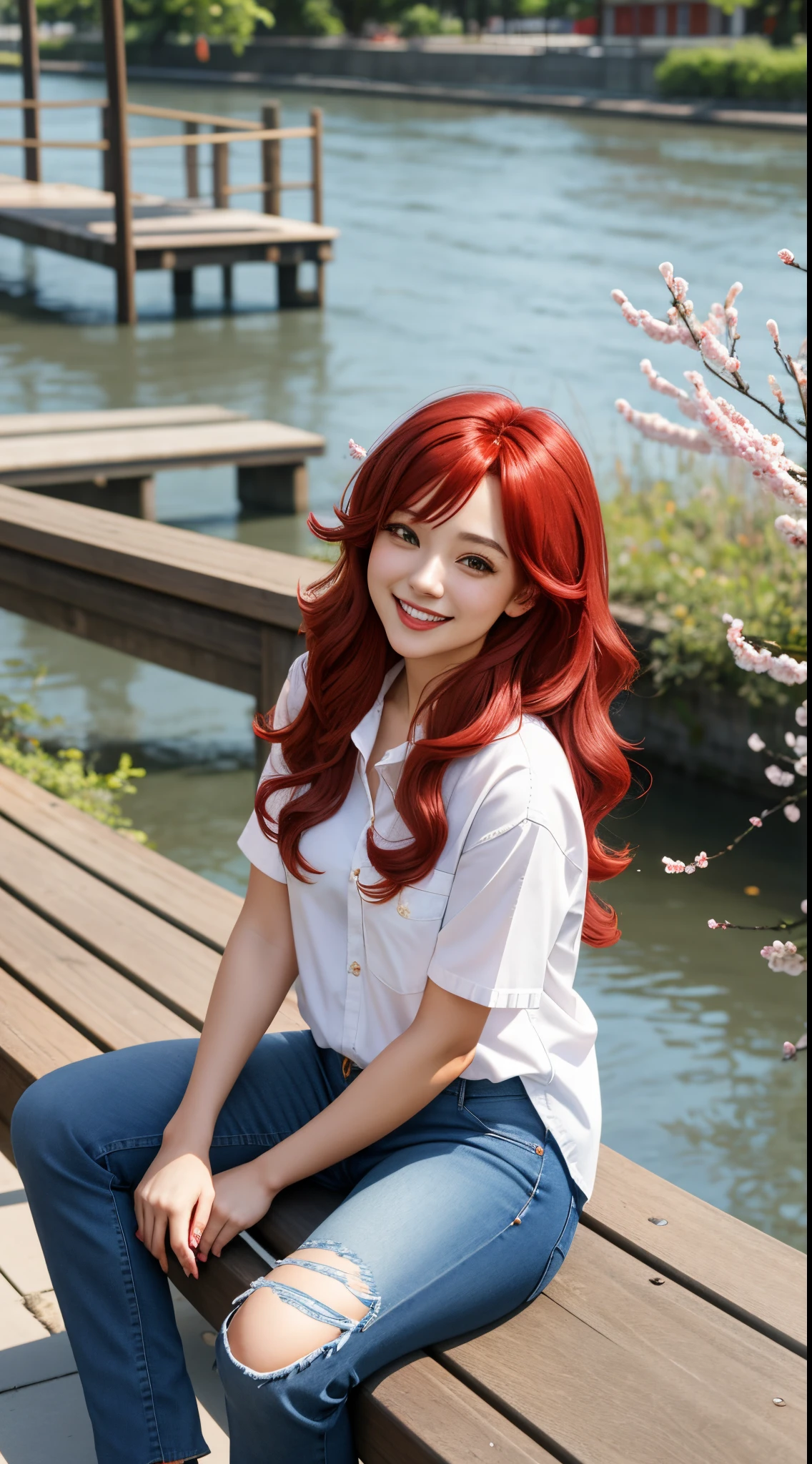 number art, (girl, Red_the hair, blossoms, Loose jeans, white  shirt, Cautious smile, Cute look), (sitting on a bench, river in the background, golden time),, author：Daniel Subonitsky jpegman