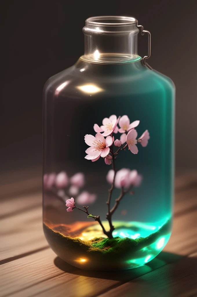 Cherry blossom tree in a bottle，Cresce fora da garrafa，mamilo saindo，fofo，realista，atmospheric light refraction，Foto tirada por Lee Jeffries，Nikon d850 Film Stock Photo 4 Kodak Portra 400 Camera f1.6 tiros，cores ricas，textura realista hiper realista，lighting dramatic，Unreal trend engine on ArtStation CineStill 800，Estilo-Vidro