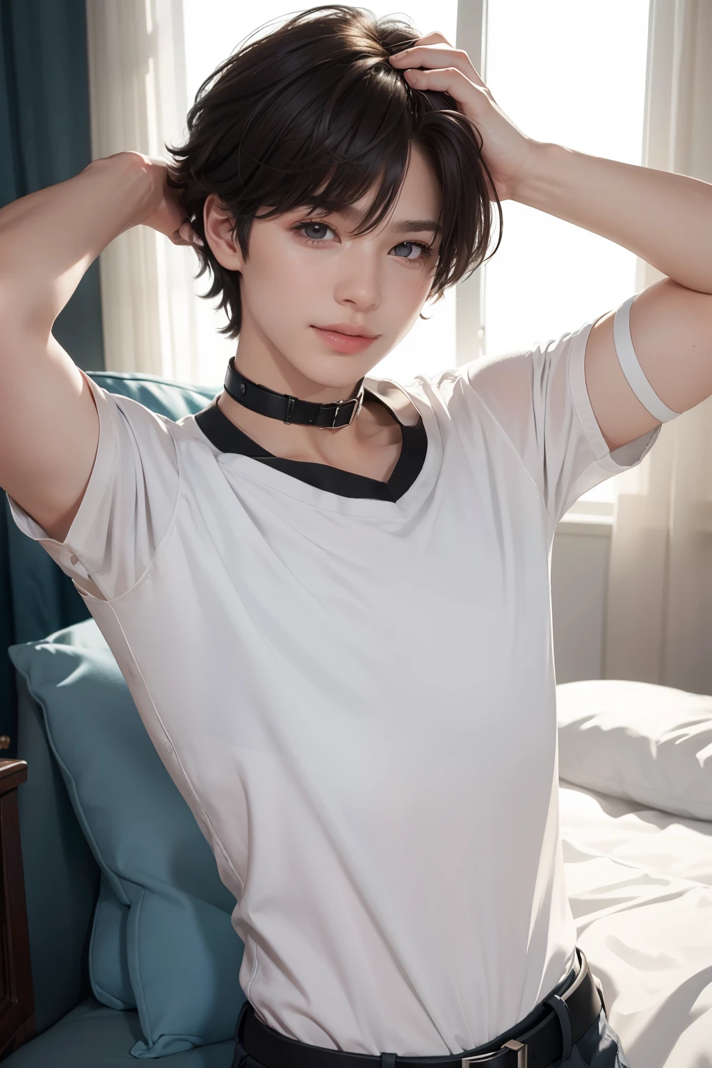 Look into the eyes, Look at me Look at me, Look at me, Look at me, Look at me, Look at me, Look at me, Front of face, Front face, Cross-legged, indoor, Brown Hair, bangs, Sweat, clavicle, clavicle, Cross-legged, Earrings, Look at me, Private room, bed, belt, Abdominal muscles, Abdominal muscles, (Naked under the white jacket,pants,juvenile:1.5)
