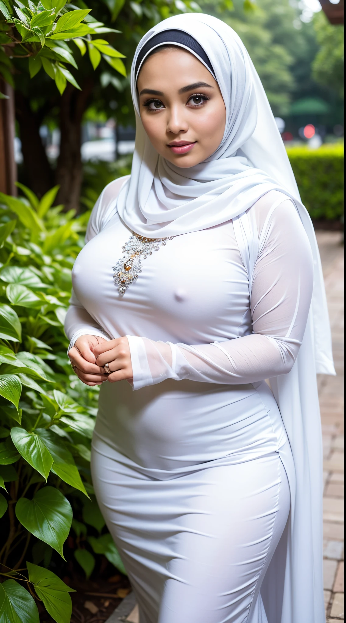 RAW, Best quality, high resolution, masterpiece: 1.3), beautiful Malay woman in hijab,Masterpiece, perfect fit body, Huge breast, biggorgeous eyes, Soft smile,woman in a white dress and a tan shawl, white hijab, beautiful woman, a beautiful woman in white, pale-skinned persian girl, beautiful malay woman, lovely woman, gorgeous woman, hijab, thick neck, very beautiful woman, alluring plus sized model, attractive feminine curves, very very beautiful woman, malay beauty, attractive curves, asian princess in , Delicate turtleneck, necklace, shairband, afternoon walk, City garden, Excellent lighting, Bright colors, Clean lines