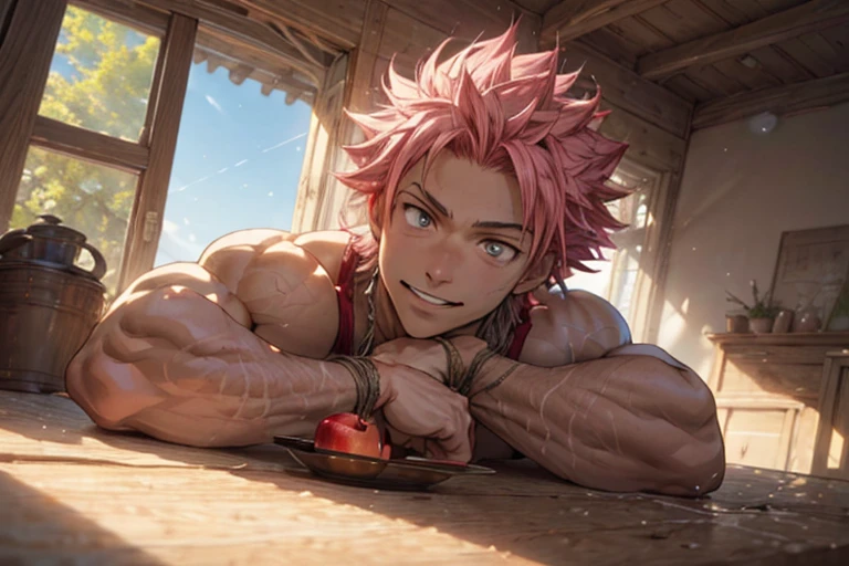 (highres:1.2),ultra-detailed,(realistic:1.37),oak dining table,Natsu Dragneel sitting on top of white dish,Natsu Dragneel with intense muscular body and strong physique,(beautiful detailed eyes,beautiful detailed lips),(curly wild pink hair),(playful smile),a juicy red apple firmly stuffed into Natsu's mouth,(delicious aroma),(spices and herbs:1.1) covering Natsu's entire body,(tied with a rope),(human dish),green leaves artistically arranged on Natsu's well-defined abs,(sunlight streaming in through the window,casting a warm glow),wooden flooring,airy and bright dining room,behind Natsu, a stunning garden visible through the open glass door,vibrant colors throughout the scene,(portrait:1.2),mesmerizing art style,vivid color palette,(warm tones),meticulous rendering of textures,impeccable attention to detail,subtle gradients and shades,soft ambient lighting,beautifully captures the essence of Natsu's vibrant personality and powerful aura.