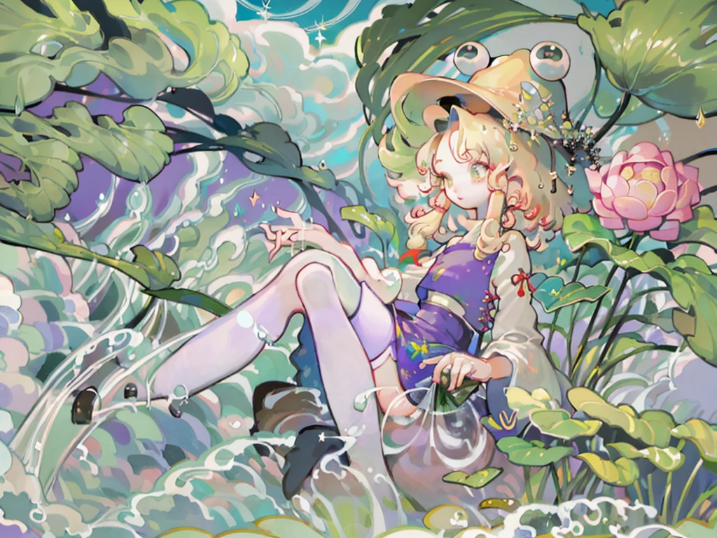 tmasterpiece， Best quality at best， 1 sister， ssmile， Suwako Moriya， Frog print， combed blonde hair，gold eyes，Purple top，Short purple skirt，white knee-socks，White long sleeves，Sitting in the pond，blades of grass around，stans，stone moss，Lotus leaf，lotus flower，Sparkling water surface，