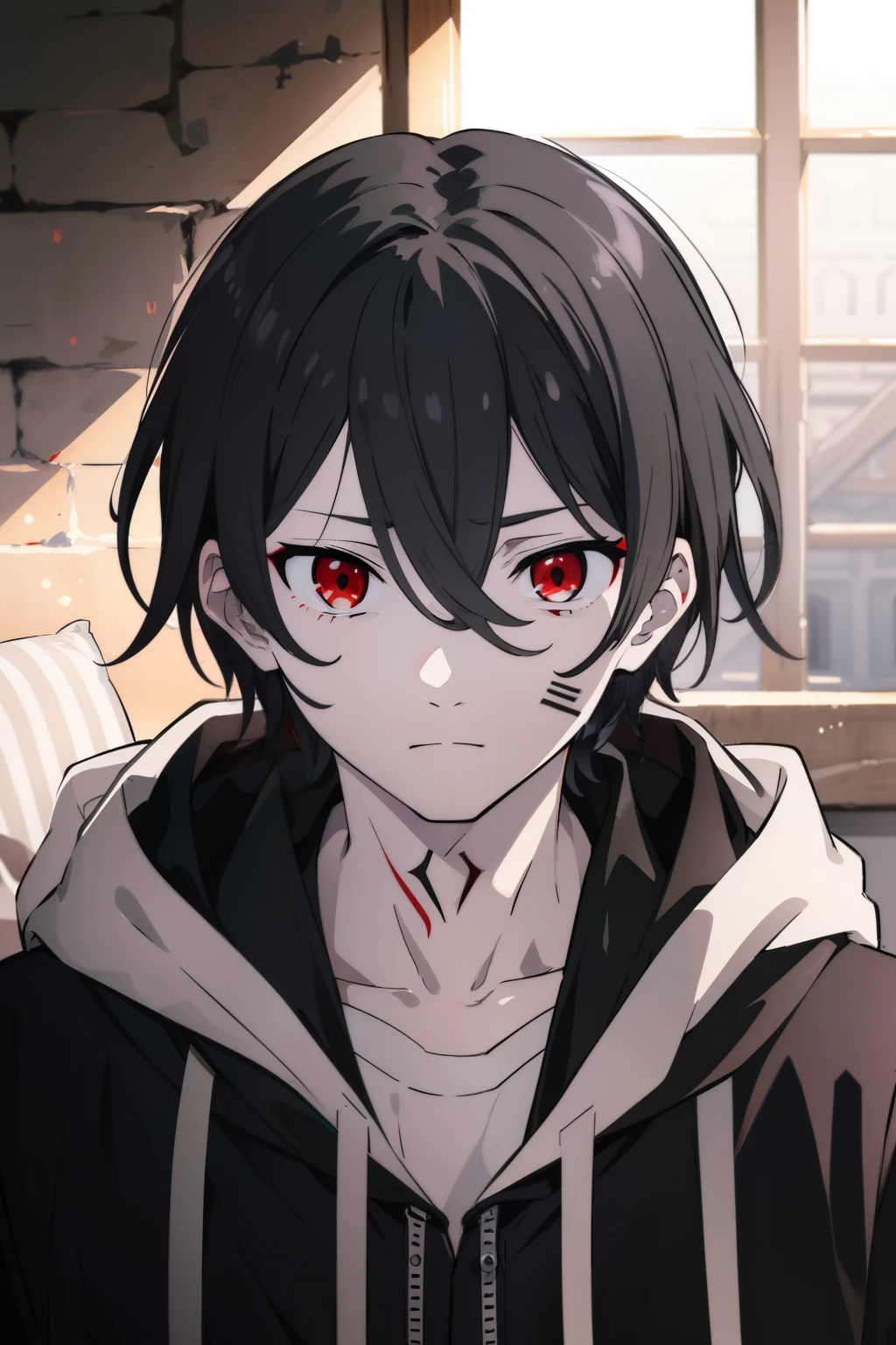 Within the ruin of darkness, a man with dark black hair and red eyes, wearing black jacket with a hood, had a black seal-like tattoo on his cheek, his face looks lazy