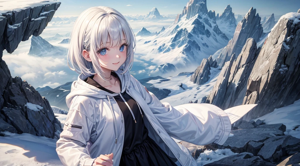 Ultra-high image quality,Look at viewers, hands behind back, girl with, 20 years old, Very short hair, long bangs between eyes, pale blue eyes, Hoodie, Skirt , Extremely detailed,(​masterpiece、top-quality)、report、White hair、A smile、White skin as clear as snow、Fantastical, Silver hair, Black eyes, Beautiful eyes,, Ecstasy, charmed, be smitten with audience, Hoodie, White hoodie,a black skirt,Hair is short,look down from above,(masutepiece, Best Quality:1.1),report, 1girll, Curve,White jacket, Casual style,Open jacket,  Cowboy Shot、report、Fluttering hair、a small face、hason、Bright smile、(parka、white sneaker fingers、Human hand)、(Detailed face) 、(top-quality: 1.4、tmasterpiece、 hyper HD、 Top resolution,、Very detailed、 profetional lighting、 Gray Light Lighting,fantastic landscape,Blue sky, Sunlight,look down from above,portraitures