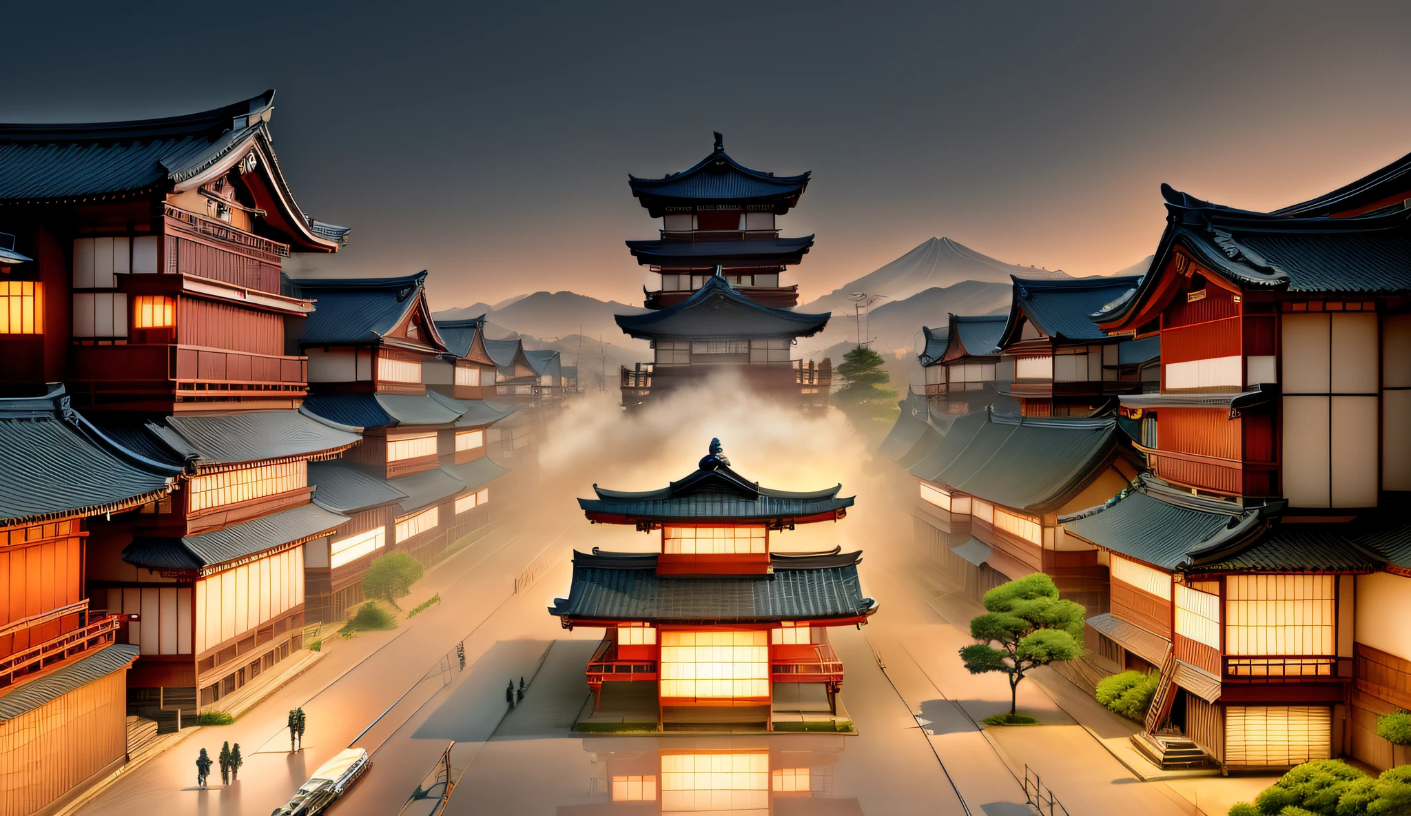 Japanese ancient architectural scene,During the day,The lively crowd there,There are a lot of houses,There a main building