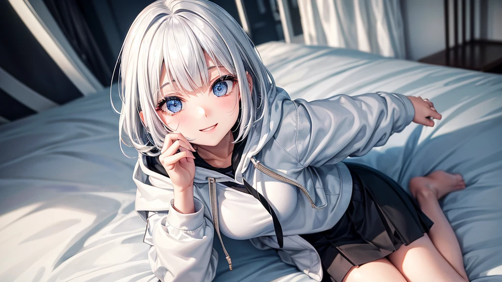 Ultra-high image quality,Look at viewers, hands behind back, girl with, 20 years old, Very short hair, long bangs between eyes, pale blue eyes, Hoodie, Skirt , Extremely detailed,(masterpiece、top-quality)、report、White hair、A smile、White skin as clear as snow、Fantastical, Silver hair, Black eyes, Beautiful eyes,, Ecstasy, charmed, be smitten with audience, Hoodie, White hoodie,a black skirt,Hair is short,look down from above,(masutepiece, Best Quality:1.1),report, 1girll, Curve,White jacket, Casual style,Open jacket, Fluttering hair、a small face、hason、Bright smile、(parka、white sneaker fingers、Human hand)、(Detailed face) 、(top-quality: 1.4、tmasterpiece、 hyper HD、 Top resolution,、Very detailed、 profetional lighting、 Gray Light Lighting,fantastic landscape, Sunlight,Shoulder out,inside in room,on the beds