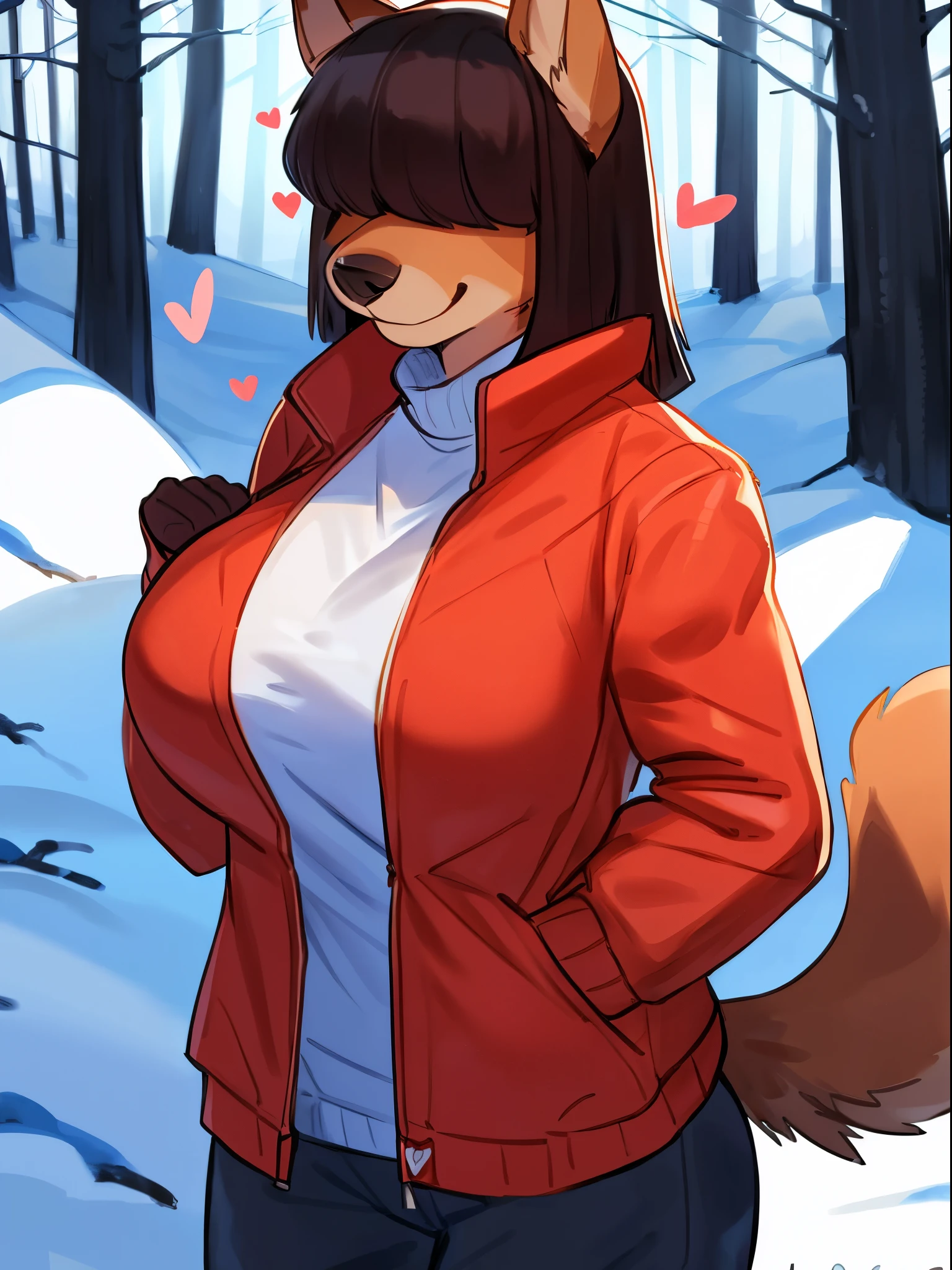 By bebebebebe, by lostgoose, by goonie-san, female, ((canine, snout, hair covering eyes, straight hair, medium hair, flat hair, ears, thin snout)), brown fur, big poofy tail, raised tail, dark maroon hair, (muscular, big breasts), solo, smiling, standing, winter, forest, snowing, facing viewer, happy, (hearts <3), red puffer jacket, winter pants