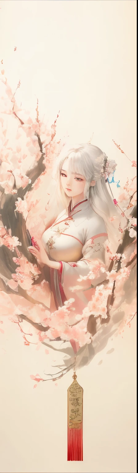 There  a fan painting with a Chinese landscape painting as the background，chinese painting style，Flowing cherry blossom-colored silk，flowing cherry blossom silk，（tmasterpiece，high high quality，Highest image quality），Chinese classical culture and art，Watercolor blending，Still life close-up of a fan，ancient chinese fan，Openwork art，Bronzing，wealthy，Noble，China-style，National style beauty，The background  the scenery of great rivers and mountains among auspicious cloudeautiful rainbows，Ink blending，Oriental aestheticagnificent and majestic momentum，Auspicious and festive meaning，Fresh and elegant atmosphere，otherworldly atmosphere，Stunning graphics，Sophisticated details，Large commercial advertising style，Classical Chinese art，high-definition image，16k，Front Shooting，Center composition，Symmetrical，Background bokeh，Deep view，OC rendering，Breathtakingly beautiful，majestic beauty，Quiet and elegant art，HD digital art，Gorgeous and exquisite illustrations，Chinese elements，The perfect combination of fantasy and reality，Rich picture layering，light painting blooming，light particle rendering，hyper realisitc，Bright, romantic and beautiful light，soft warm light，beautiful art，Ultra HD 8K，amazing beautiful wallpaperackground artwork，8K detailed painting, 16k high definition wallpaper illustration，high detailed digital art