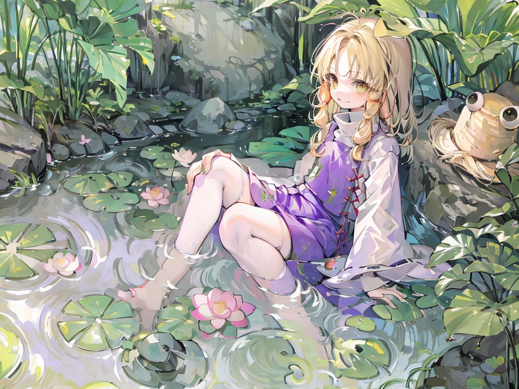 tmasterpiece， Best quality at best， 1 Sister， ssmile， Suwako Moriya， Frog print， combed blonde hair，gold eyes，Purple top，Short purple skirt，white knee-socks，White long sleeves，Sitting in the pond，blades of grass around，stans，stone moss，Lotus leaf，lotus flower，Sparkling water surface，