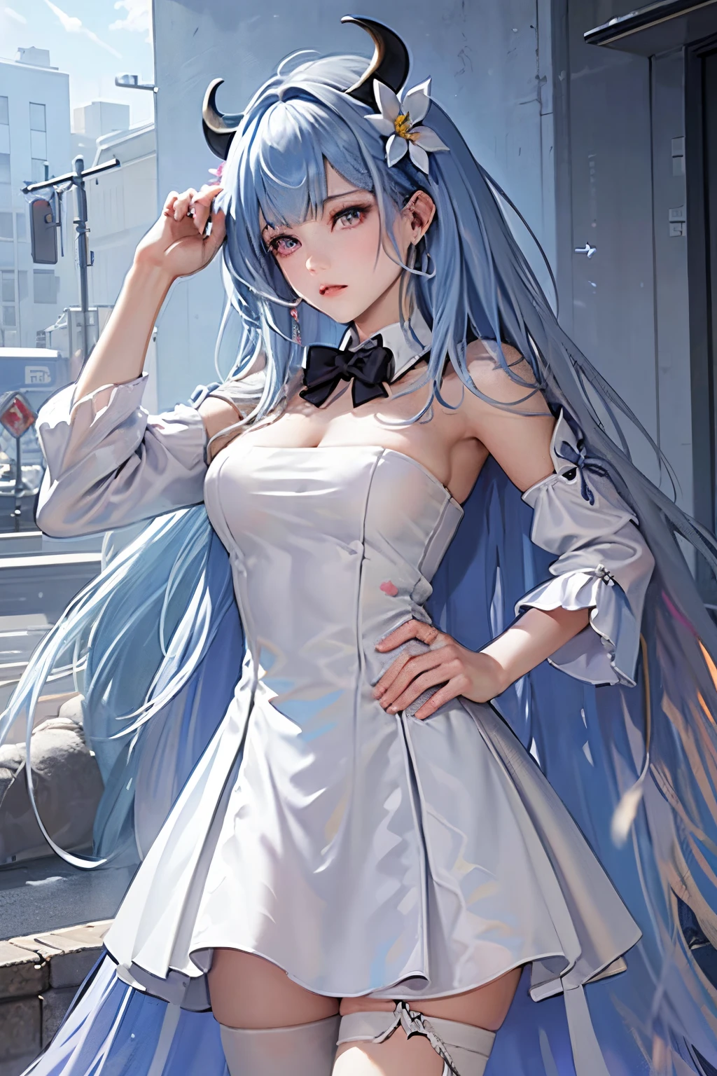 Best Quality,High resolution,8k,(plain white background, no patterns, no textures, just a plain white background:1.3),Masterpiece:1.2),beautiful girl,(focus face),Shiny light blue hair,messy hair,Beautiful light blue eyes,A girl with a cute face, dressed in a glossy, high-shine outfit that highlights the concept of "absolute territory" (zettai ryouiki). She wears a mini skirt and knee-high socks with a sleek, reflective finish. Her top has a smooth, shiny surface, adding to the overall shine. Her eyes are glossy, and her accessories, such as earrings and a necklace, also have a glossy appearance. The background is pure white, emphasizing the shiny, polished look of her entire outfit and features,Gentle look,A refreshing look,smile,Best quality,Best Quality,Aesthetic and aesthetic:1.2,Best details((Super detailed))(High-definition CG illustrations),Slender body