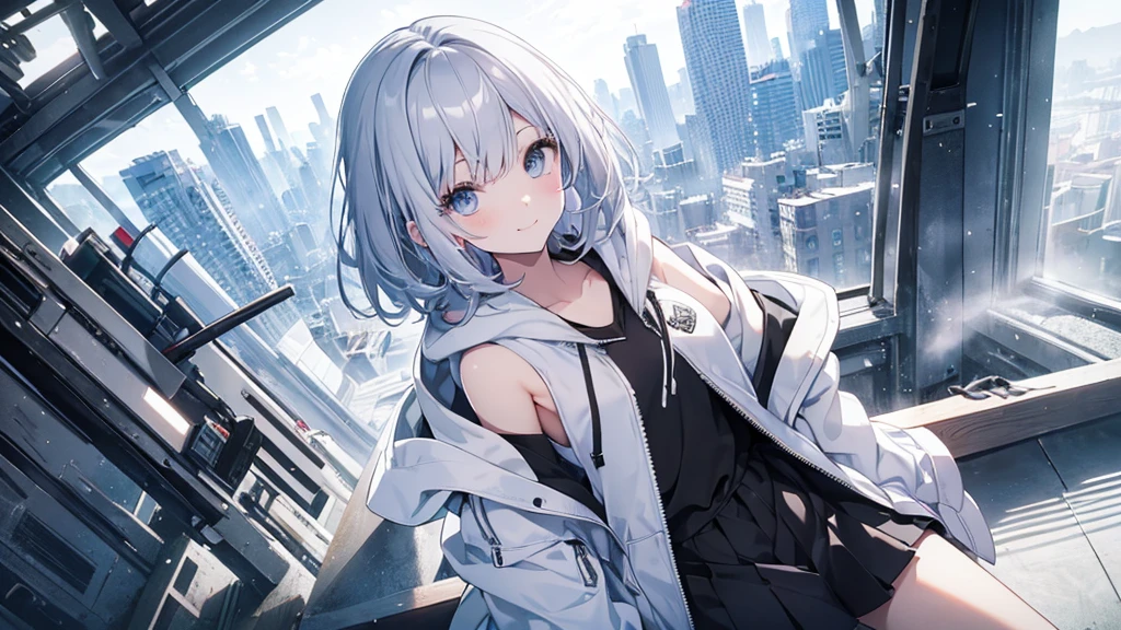 Ultra-high image quality,Look at viewers, hands behind back, girl with, 20 years old, Very short hair, long bangs between eyes, pale blue eyes, Hoodie, Skirt , Extremely detailed,(masterpiece、top-quality)、report、White hair、A smile、White skin as clear as snow、Fantastical, Silver hair, Black eyes, Beautiful eyes,, Ecstasy, charmed, be smitten with audience, Hoodie, White hoodie,a black skirt,Hair is short,look down from above,(masutepiece, Best Quality:1.1),report, 1girll, Curve,White jacket, Casual style,Open jacket, Fluttering hair、a small face、hason、Bright smile、(parka、white sneaker fingers、Human hand)、(Detailed face) 、(top-quality: 1.4、tmasterpiece、 hyper HD、 Top resolution,、Very detailed、 profetional lighting、 Gray Light Lighting,fantastic landscape, Sunlight,Shoulder out,inside in room,on the beds