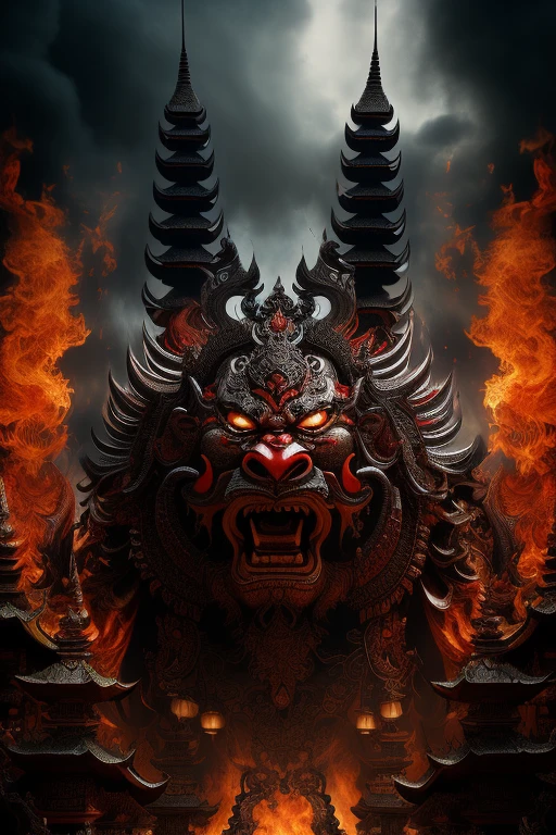 (best quality, ultra- best illustration, best shadow, masterpiece, high resolution, professional artwork, famous artwork) Angry Barong Bali , Angry Barong Bali with high detailed carving, surreal red clouds as a background, add detailed Bali ornamental overall, colored sclera, cinematic lighting, fire and split,
